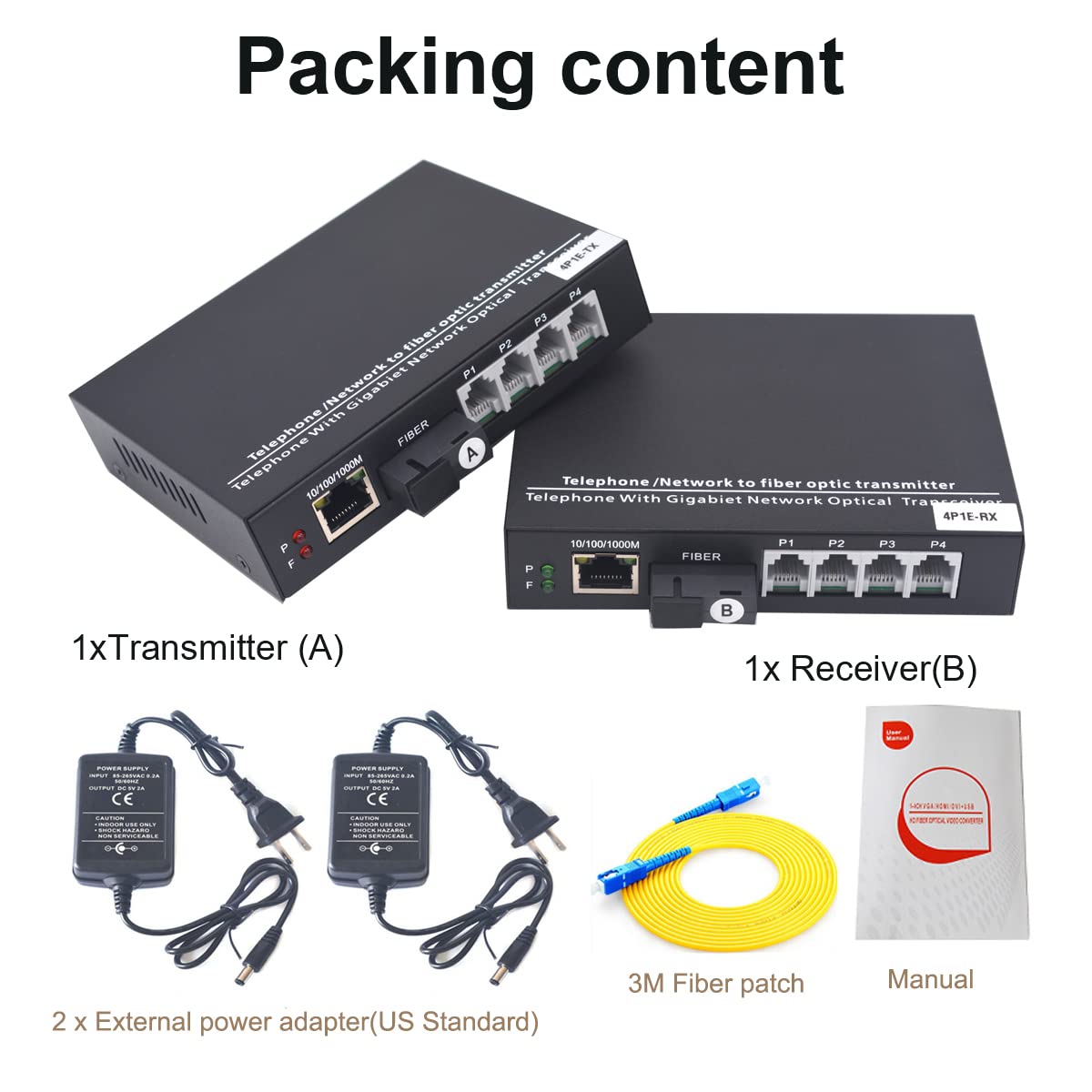 Wekuant 4 Pots Telephones And Gigabit Ethernet Over Fiber Optic Extender Sc, Universal Singlemode Fiber Up To 20Km And Multimode