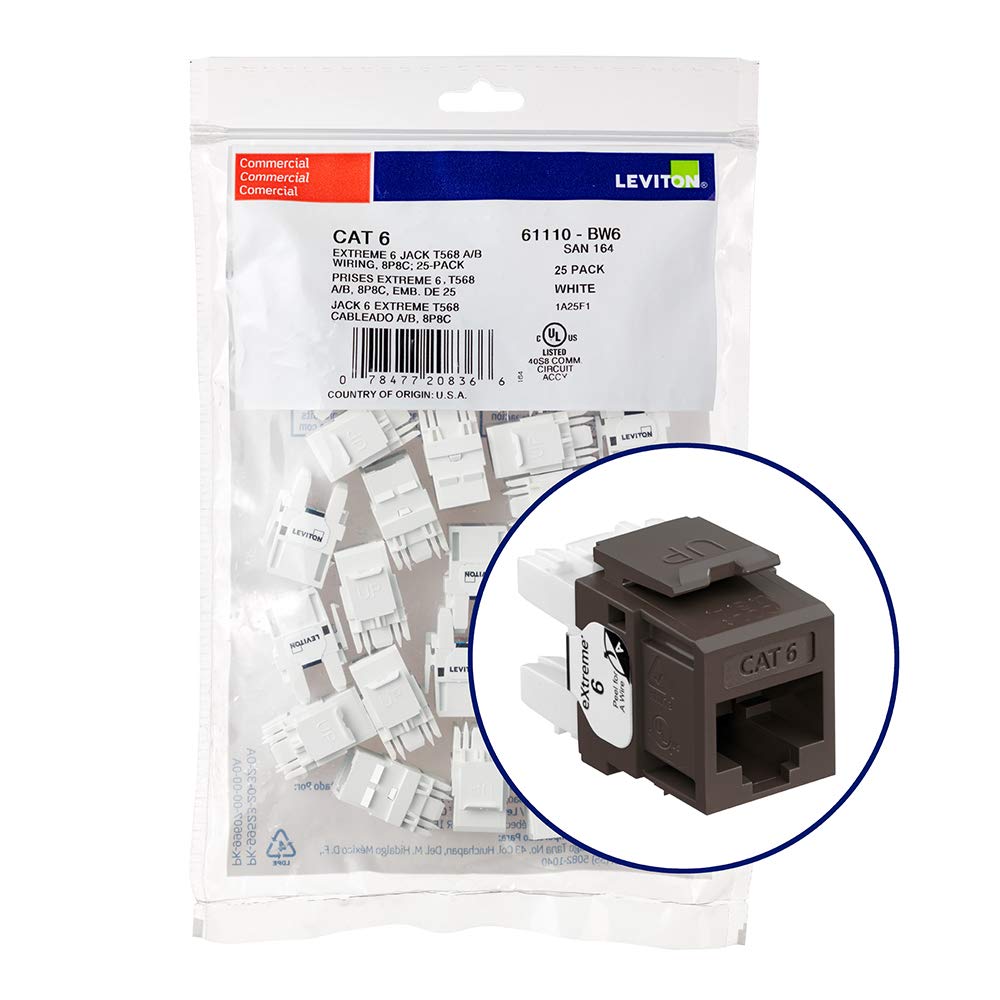 Leviton 61110 Bb6 Extreme 6+ Quickport Connector, Cat 6, Brown, 25 Pack