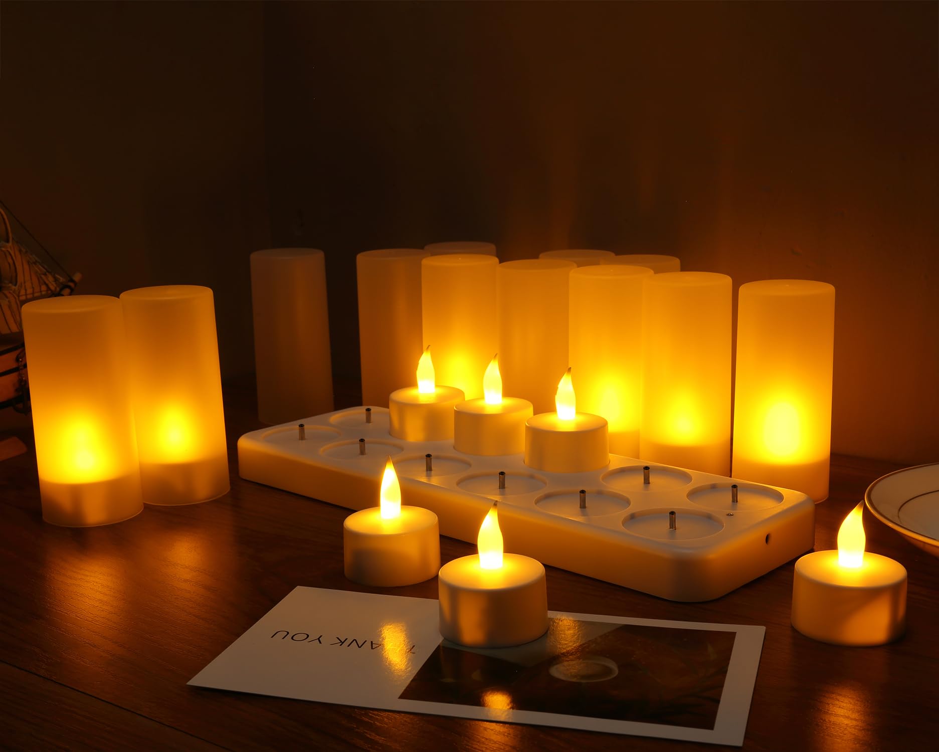 Wonenice Rechargeable Tea Lights Flickering Flameless Candles With Charging Base And Ac Adapter, Romantic For Lantern Party Rest