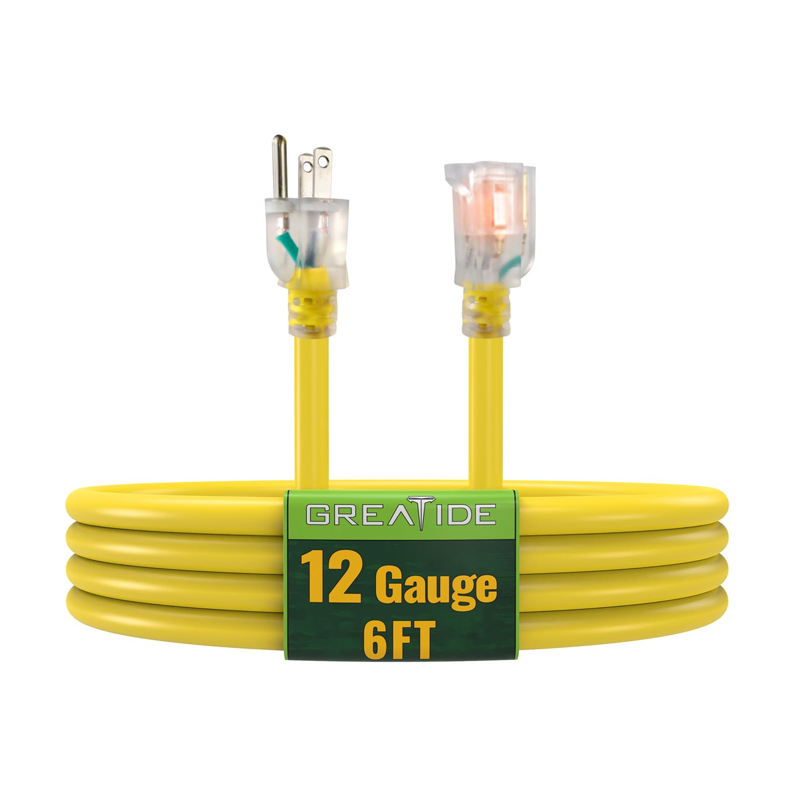 Greatide Outdoor Extension Cord With Lighted End, 12 Gauge Heavy Duty Extension Cord 6 Ft, 3 Prong Grounded 15 Amp Extension Cor