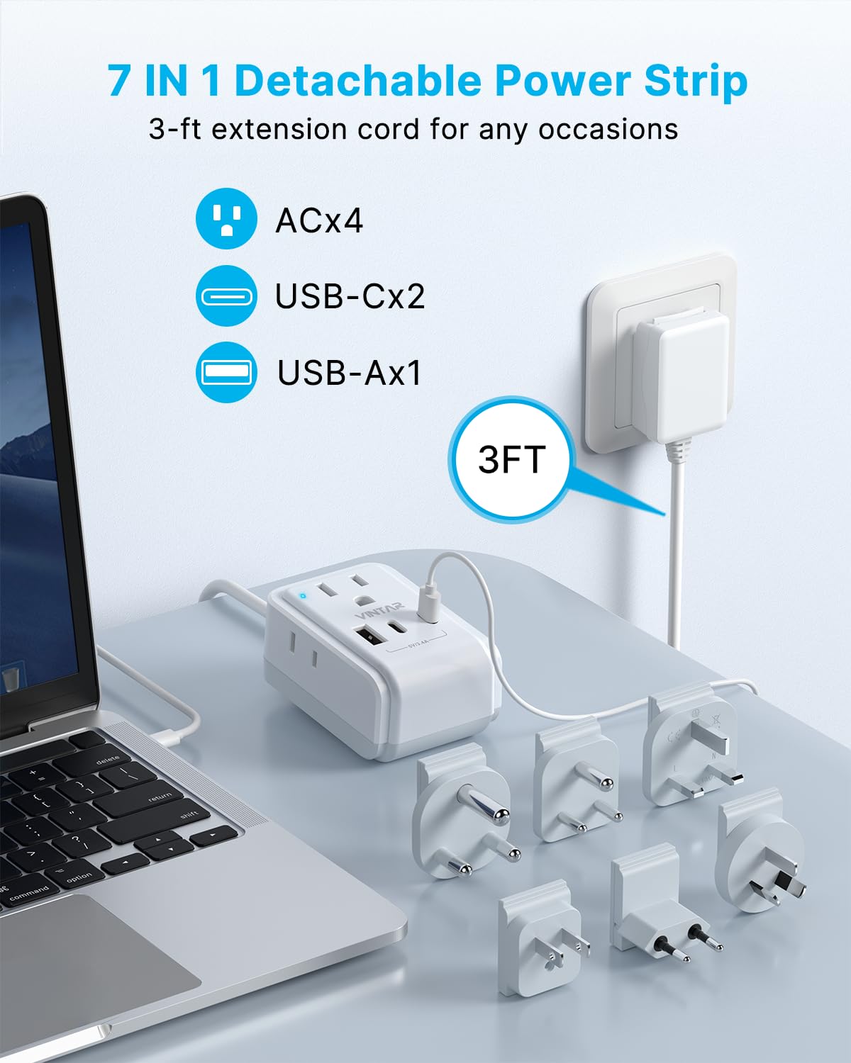 Vintar Universal Travel Adapter Kit, 3Ft Detachable Extension Cord With 4 Ac Outlets & 3 Usb(2 Usb C), Type A/C/G/D/I/M Internat