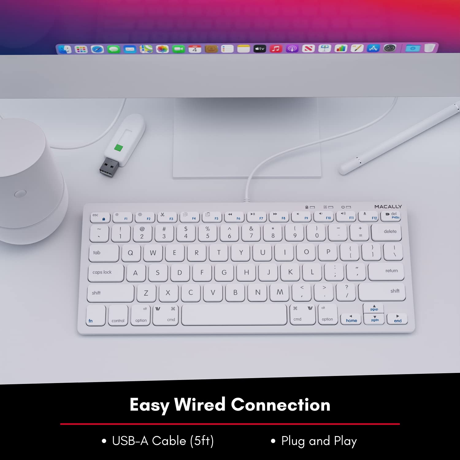 Macally Usb Wired Keyboard For Mac And Windows Pc - Plug And Play Apple Keyboard With 78 Scissor Switch Keys And 13 Shortcut Key