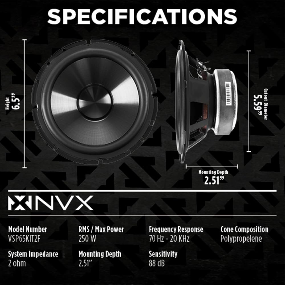 Nvx Vsp65Kit2F 6.5 Premium Car Speakers, 750W Max, 250W Rms, 2-Ohm 2-Way 6-1/2 Inch Component System W/ 1 Silk Dome Tweeters & P