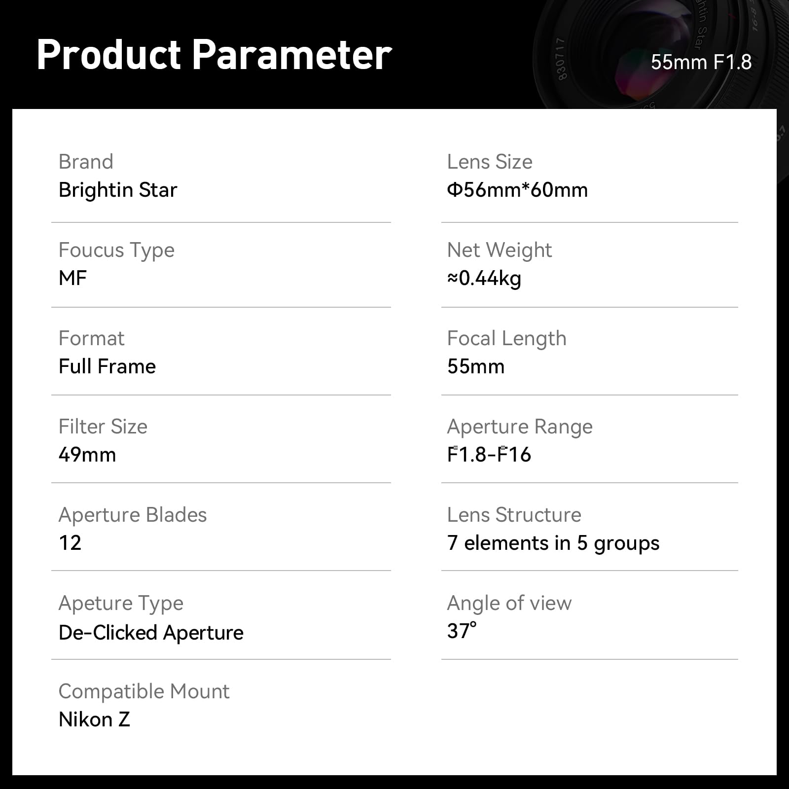 Brightin Star 55Mm F1.8 Full Frame Manual Focus For Nikon Z Mount Mirrorless Cameras,Mf Large Aperture Prime Standard Fixed Foca