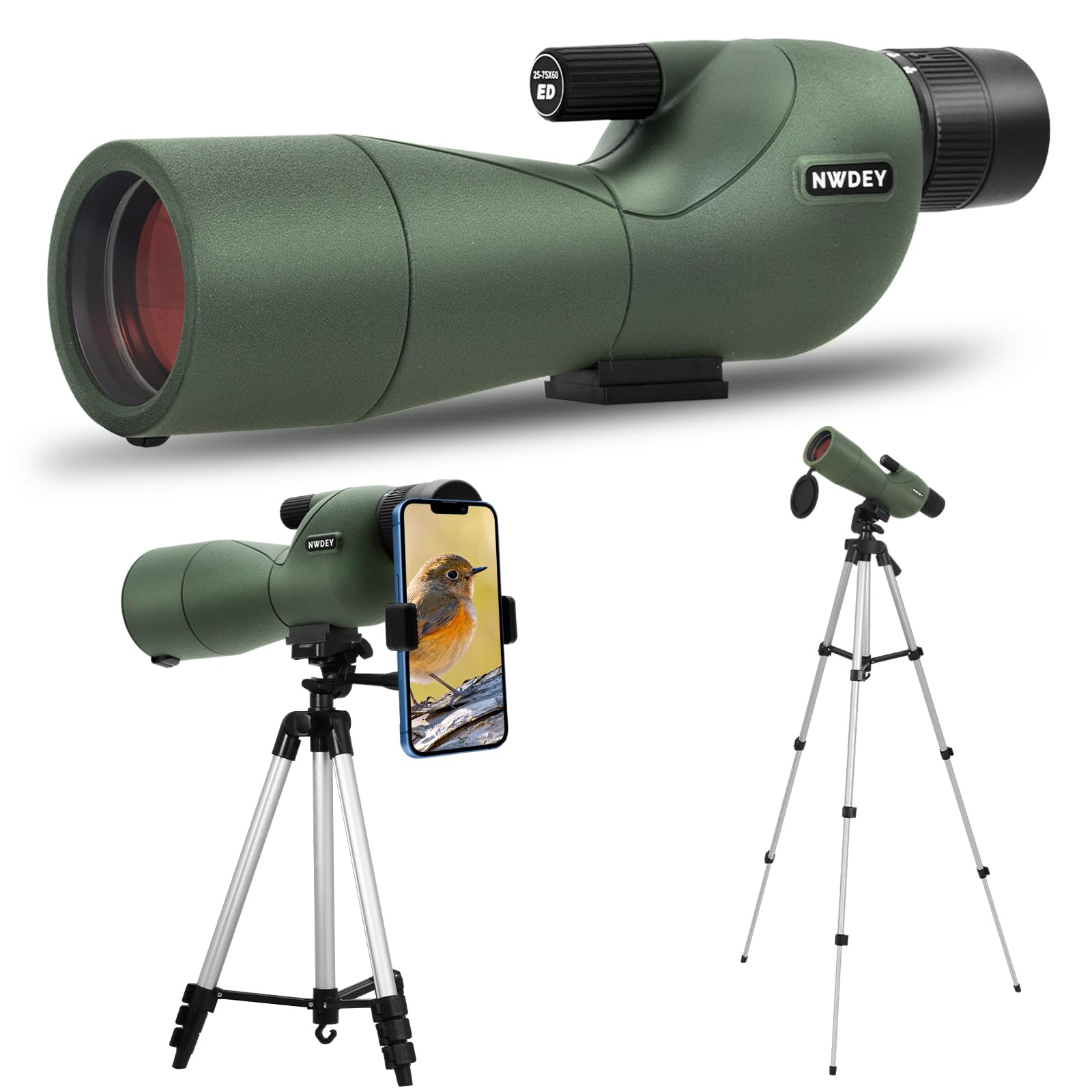 NWDEY 25-75X60 Spotting Scope with 51in Tripod, Spotting Scopes for Target Shooting, Hunting, Birding. Low Light Vision, Phone A