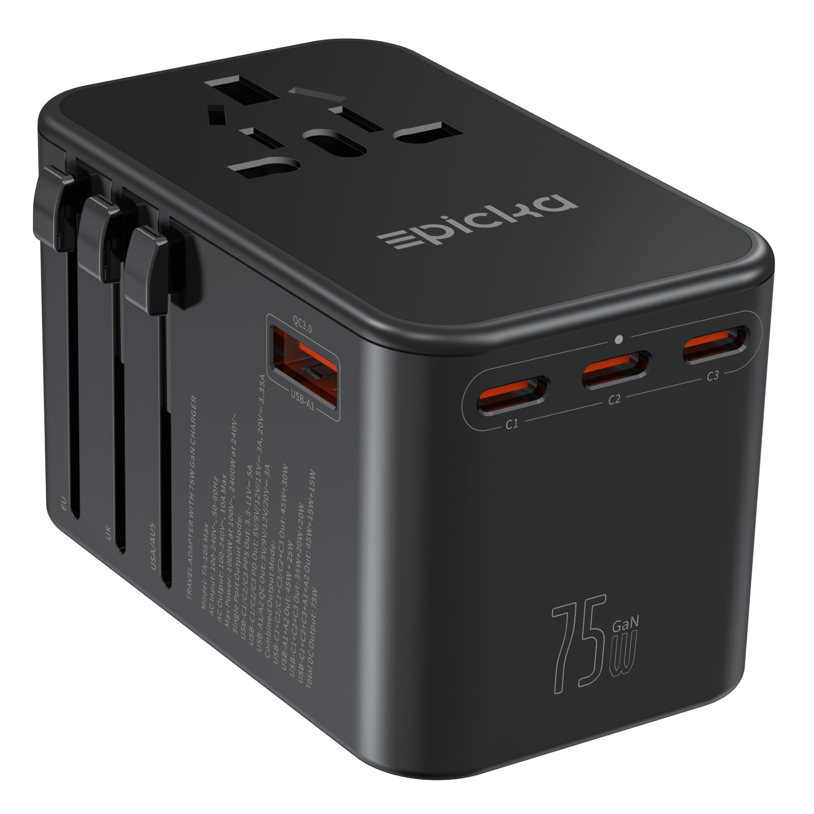 Epicka Universal Travel Adapter, Gan 75W International Plug Adapter With 3 Usb C Pd Fast Charging & 2 Usb A Quick Charging Adapt
