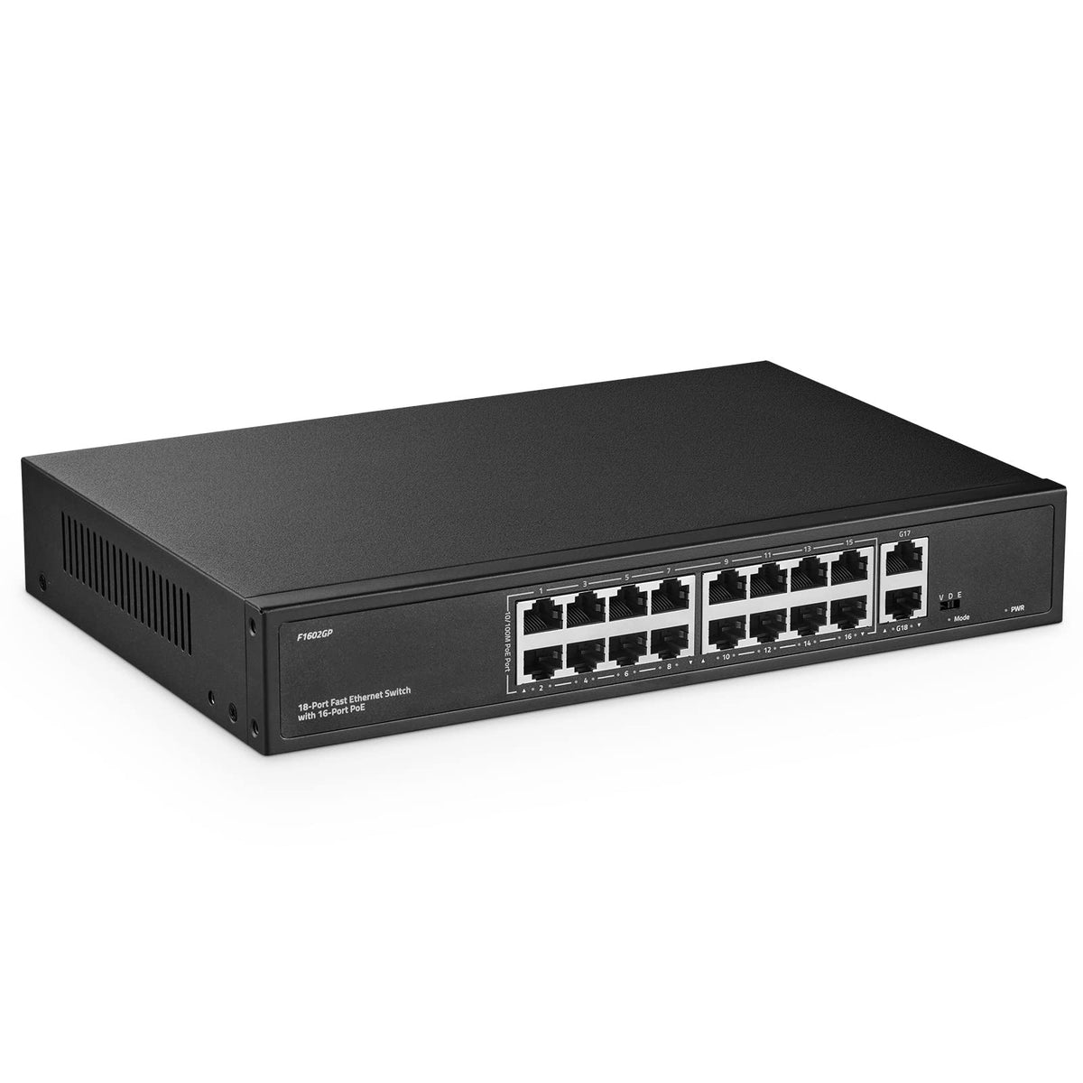 Yulinca 16 Port Poe Switch With 2 Gigabit Uplink, 10/100Mbps Poe+ Ports, 100/1000Mbps Uplink, Ieee802.3Af/At, Max 200W, Vlan & P