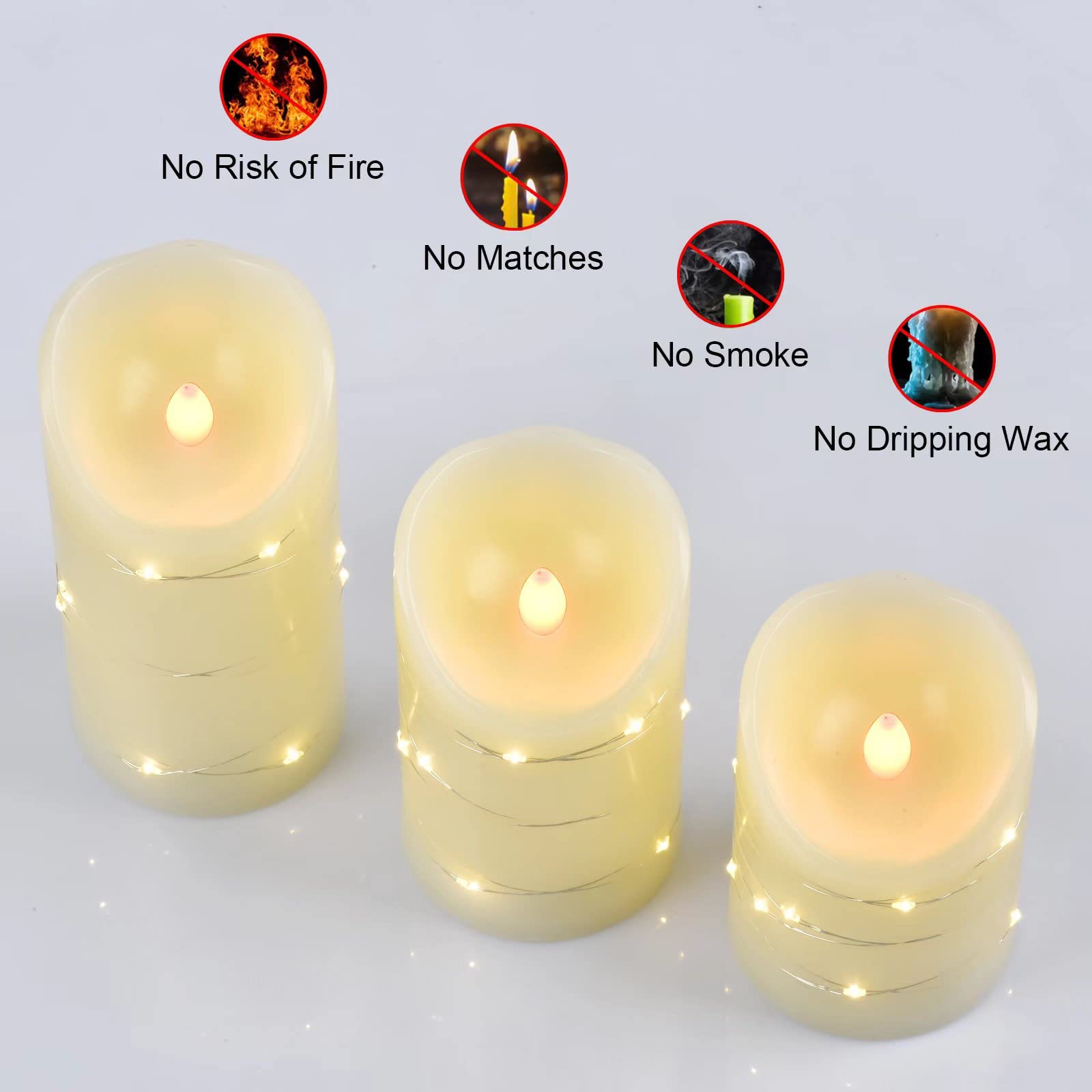 Flameless Battery Operated Led Candles With 11 Key Remote Control 24 Hour Timer Set Of 3, With Embedded String Lights Electric F