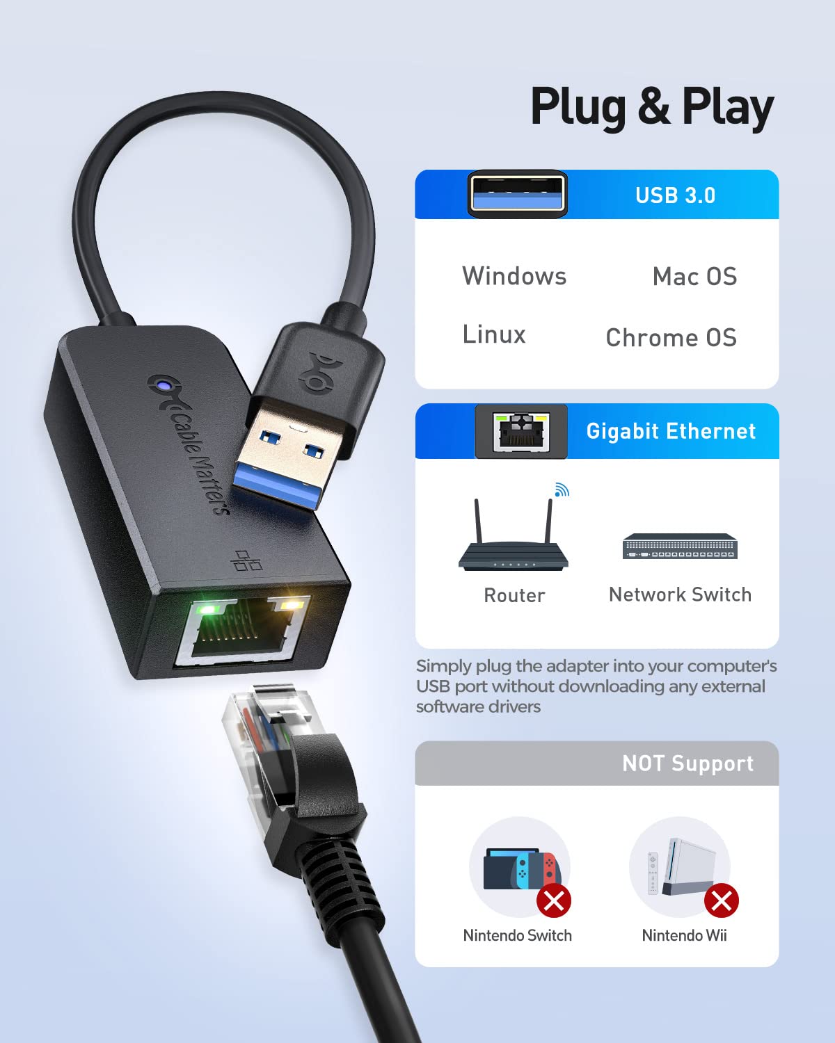 Cable Matters Plug & Play USB to Ethernet Adapter with PXE, MAC Address Clone Support (USB 3.0 to Gigabit Ethernet, Ethernet to USB, Ethernet Adapter for Laptop) Supporting 10/100/1000Mbps