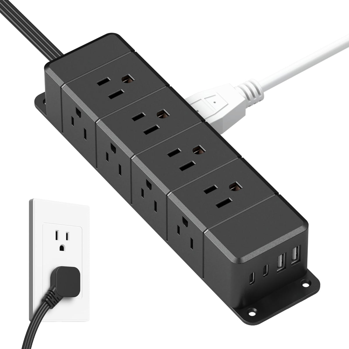 40W Fast Charging Under Desk Power Strip,12 Outlet Mountable Power Strip With 4 Usb,1200J Surge Protection,10Ft Flat Extension C