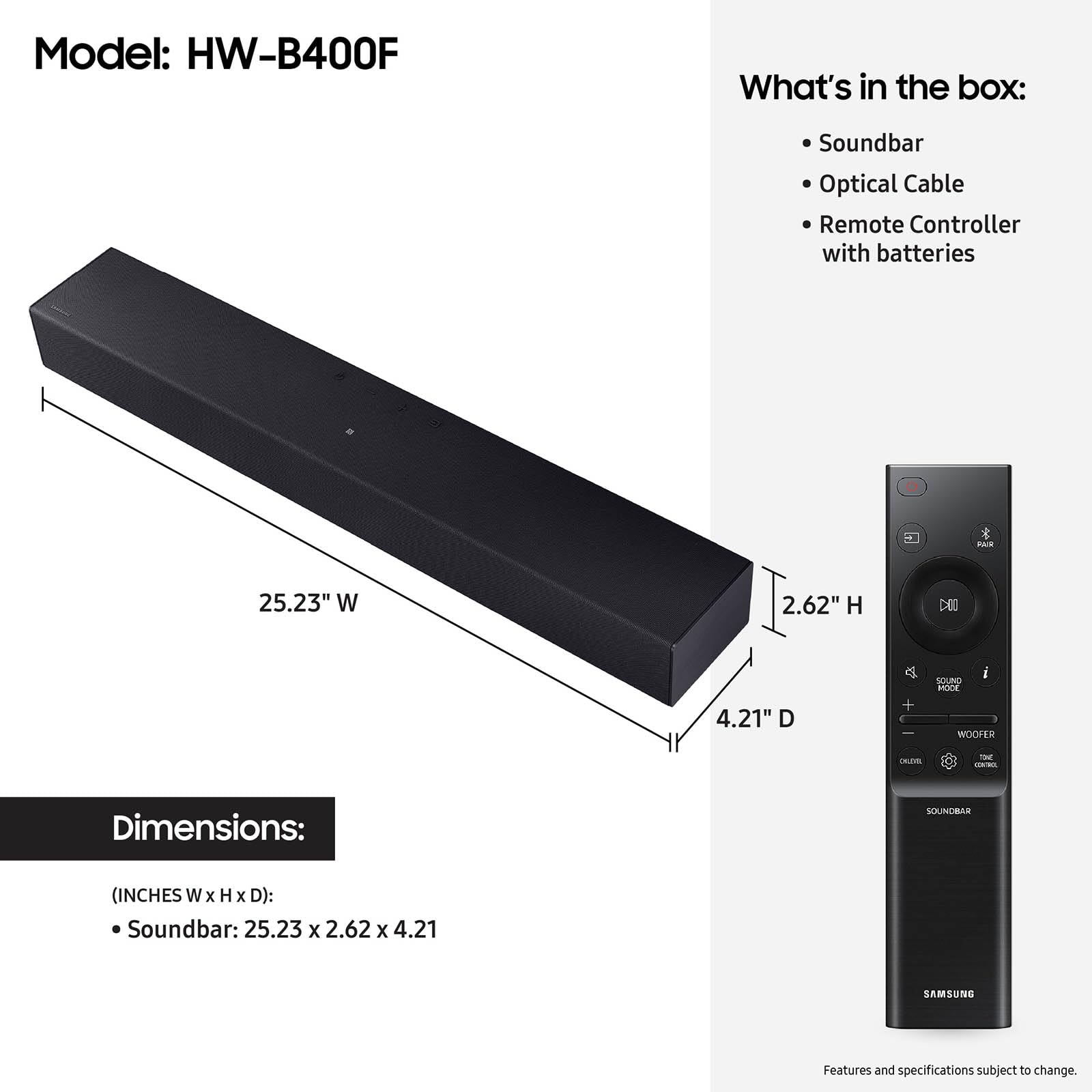 Samsung B-Series Soundbar Hw B400F 2.0 Ch Soundbar With Built In Subwoofer (2025 Model) One Remote Control, Surround Sound Expan