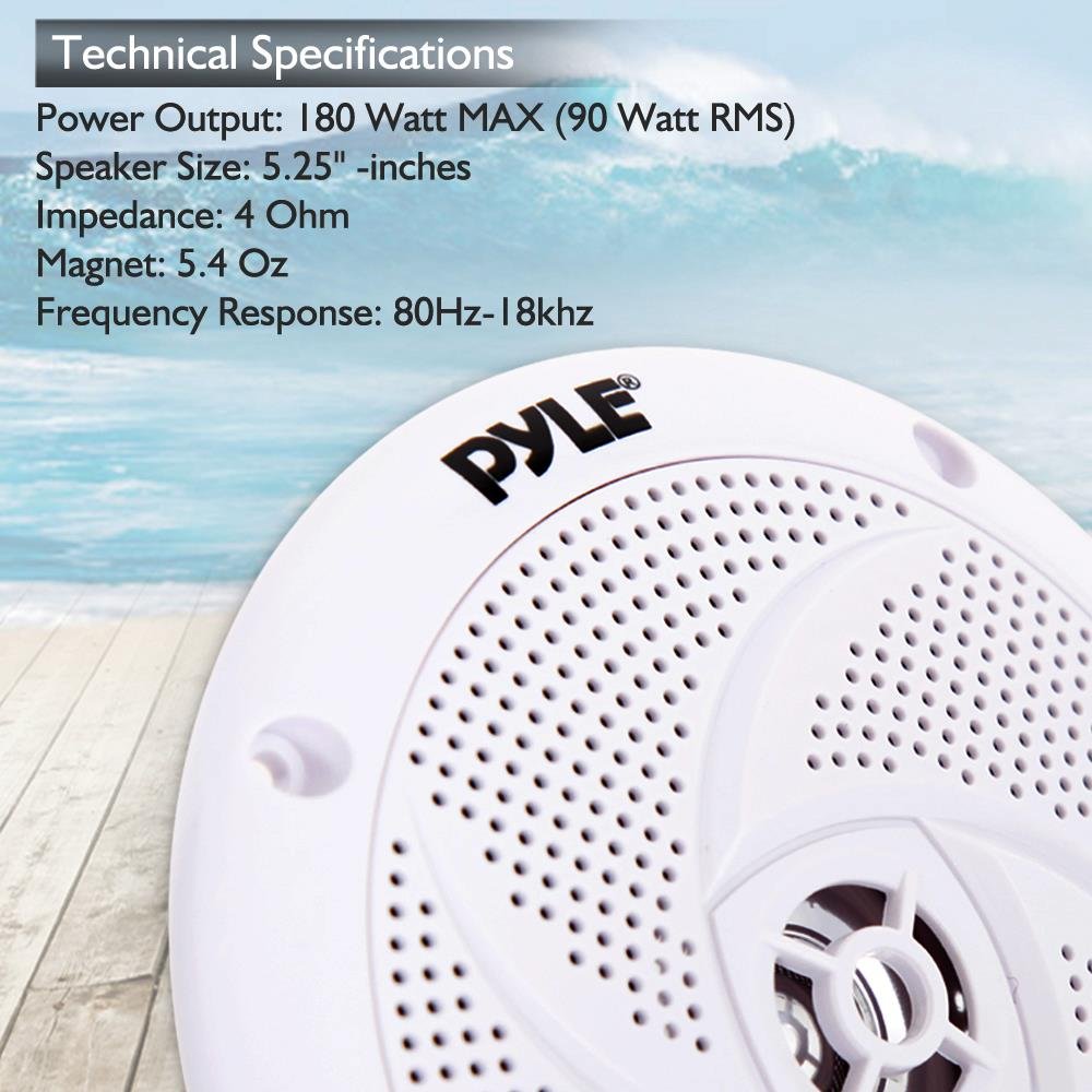 Pyle Marine Speakers - 5.25 Inch 2 Way Waterproof And Weather Resistant Outdoor Audio Stereo Sound System With 180 Watt Power An