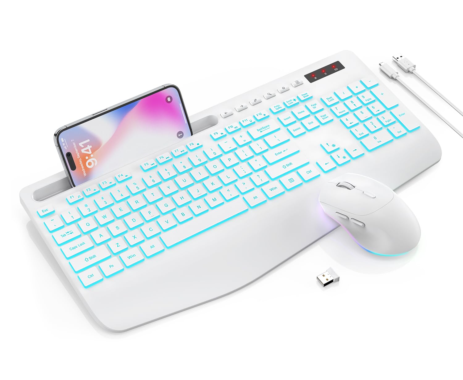 Wireless Keyboard and Mouse Combo with 7 Colored Backlits, Wrist Rest, Rechargeable Ergonomic Keyboard with Phone Holder, Silent