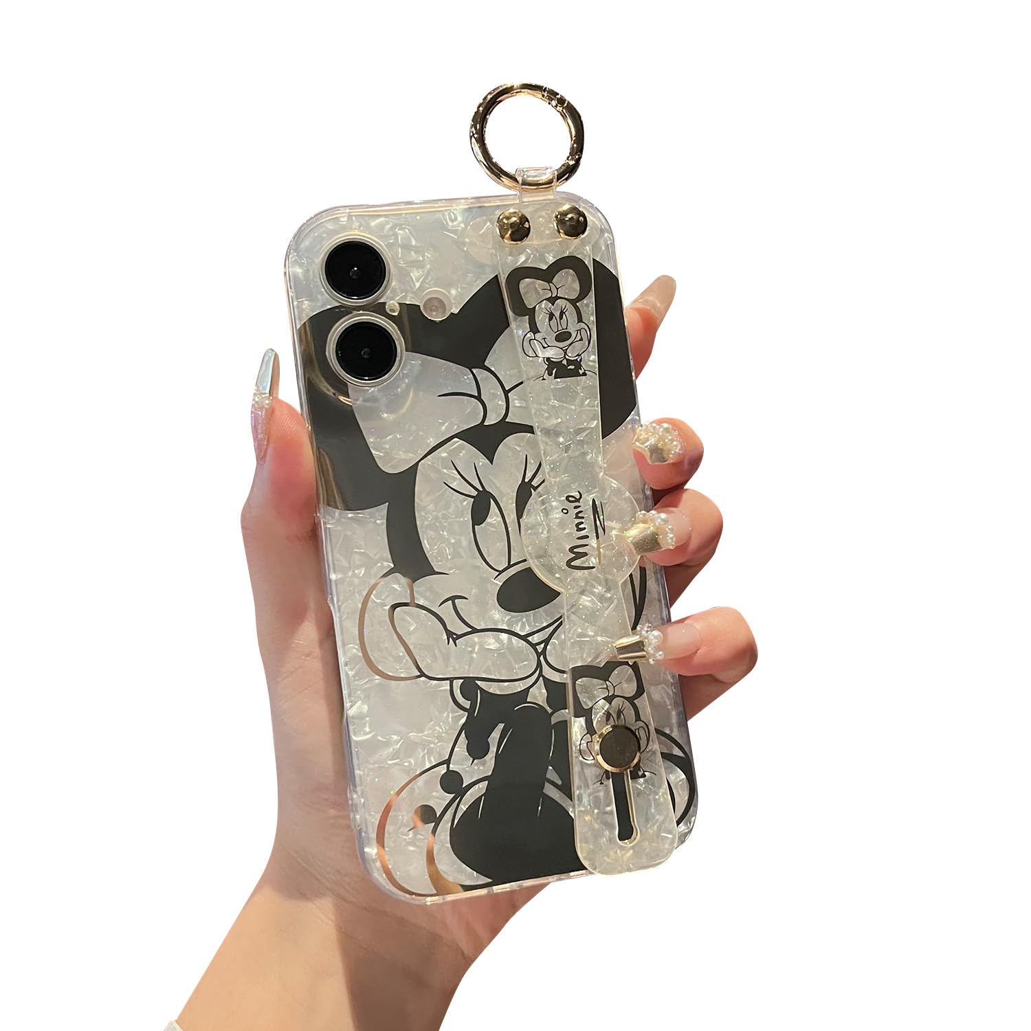 Meishangmei for iPhone 16 Case 6.1 with Wrist Strap Kickstand Glitter Bling Cute Cartoon Pattern Design Sparkle Soft Durable Sho