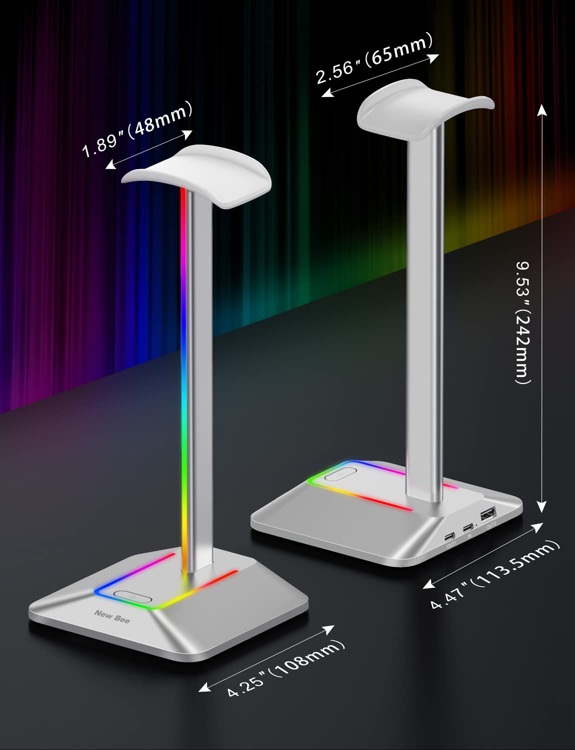 New Bee Rgb Headphone Stand With 1 Usb-C Charging Port And 1 Usb Charging Port, Desk Gaming Headset Stand With 7 Light Modes And