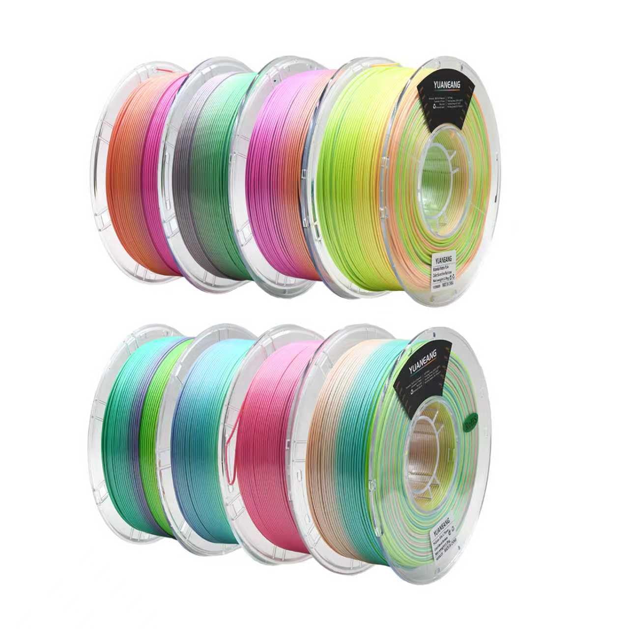 YUANEANG Silk Rainbow PLA Filament 1.75mm, 0.03mm Precision, Glossy Multicolor Set, 1kg Spool (2.2 lbs), 8-Pack Silk PLA Bundle
