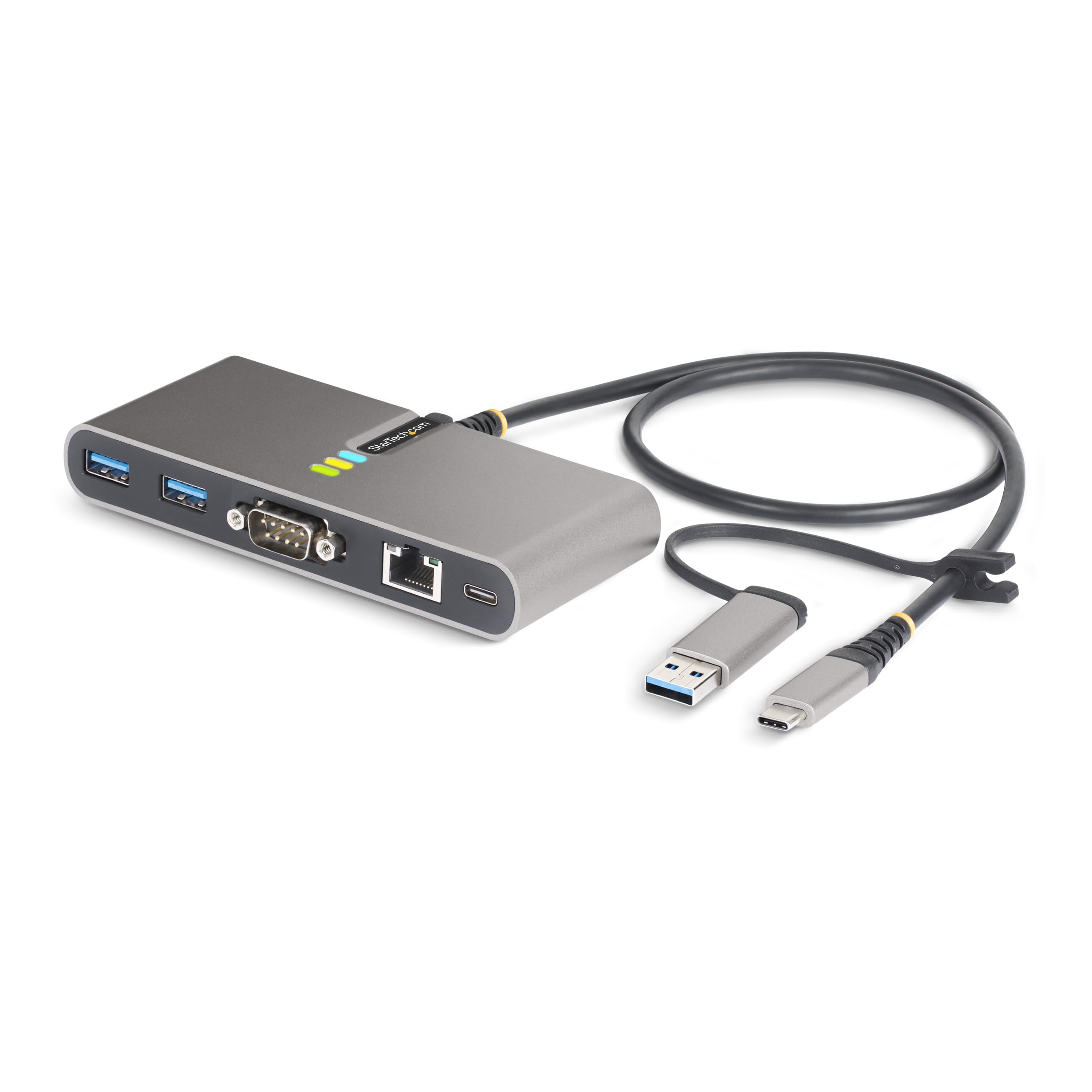 StarTech.com 2 Port USB C Hub with Gb Ethernet and RS232 FTDI Serial, Attached USB C to USB A Dongle, 100W PD Pass Through, 2X USB A 5Gbps