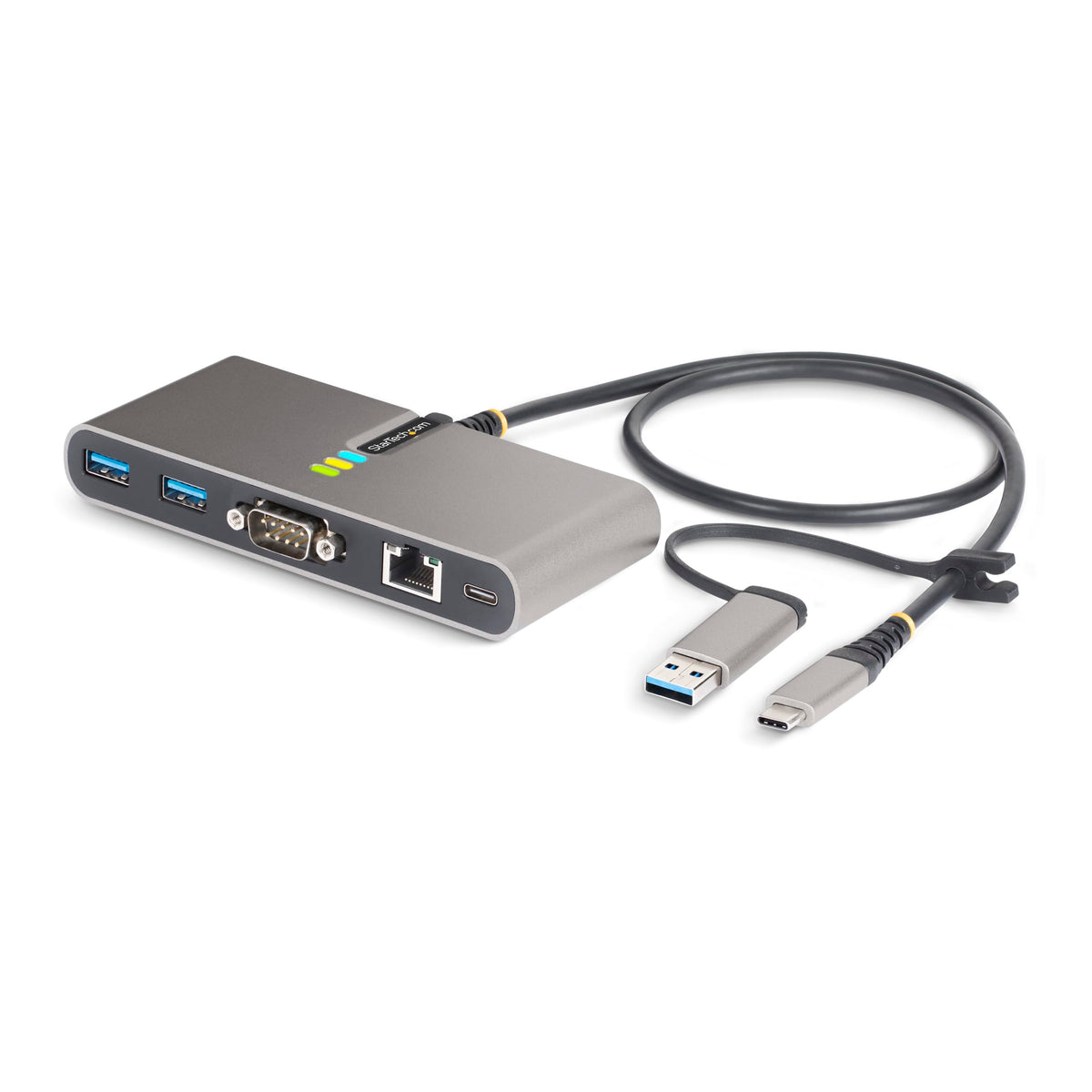 StarTech.com 2 Port USB C Hub with Gb Ethernet and RS232 FTDI Serial, Attached USB C to USB A Dongle, 100W PD Pass Through, 2X USB A 5Gbps
