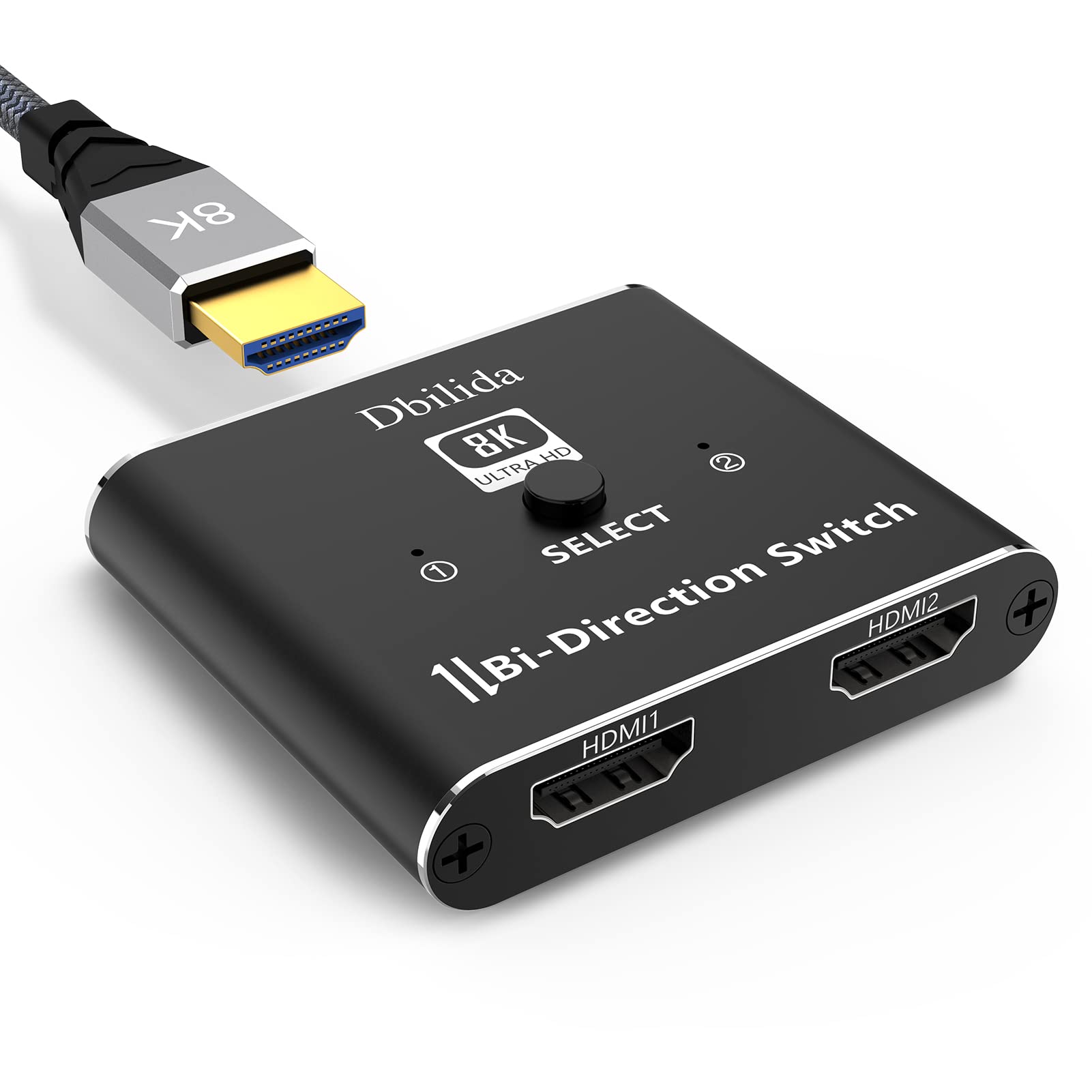 8K Hdmi 2.1 Switch, Dbilida 48Gbps 8K Hdmi Switcher Splitter 2 In 1 Out Support 4K@165Hz/144Hz/120Hz, 8K@60Hz, Bi Directional For Ps5/Ps4, Xbox, Roku, Apple Tv, Fire Stick