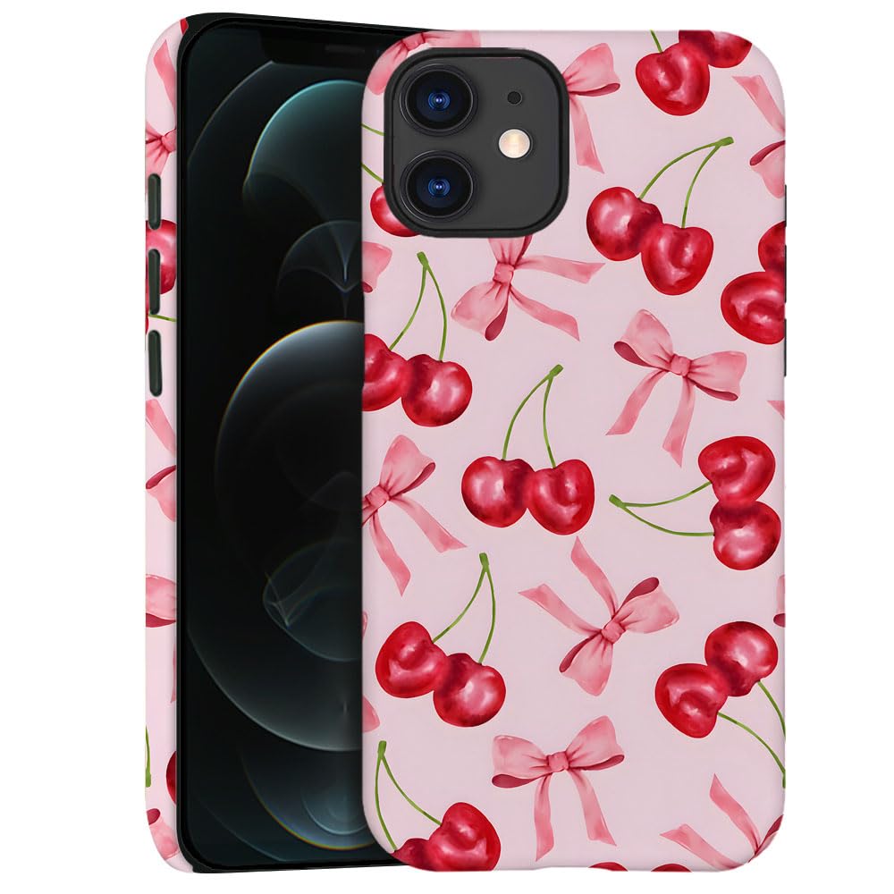 Generic Case for iPhone 12 - [Drop Protection Phone Cover] - Hybrid Case for Girl Women - Cherry Ribbon Bow Fruit Pink