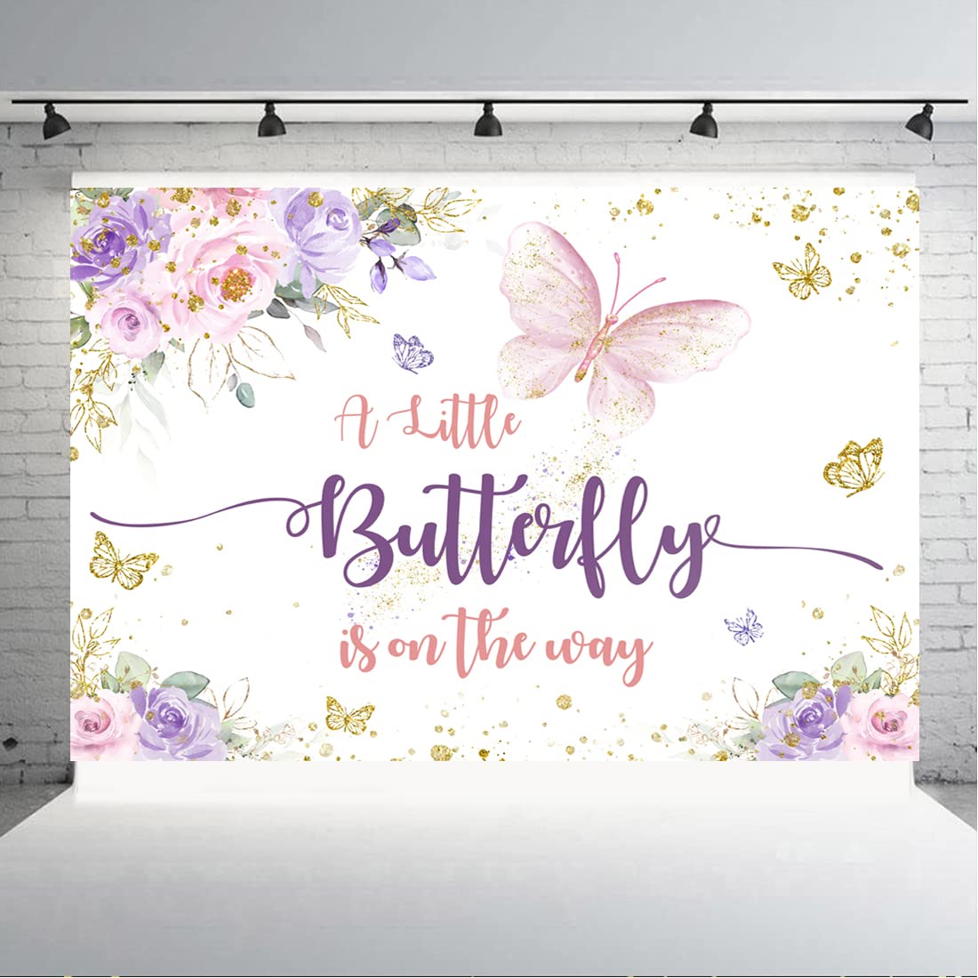 Aperturee 6X4Ft Butterfly Baby Shower Backdrop A Little Butterfly Is On The Way Photo Purple And Pink Floral Gold Spots Flowers