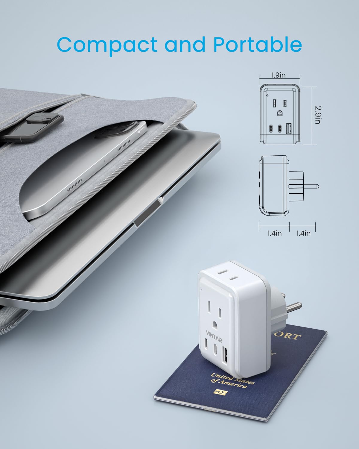 [3 Pack] Type E F Plug Adapter,Vintar Schuko Germany France Power Adapter With 2 American Outlets 3 Usb Ports(2 Usb C),5 In 1 Ty