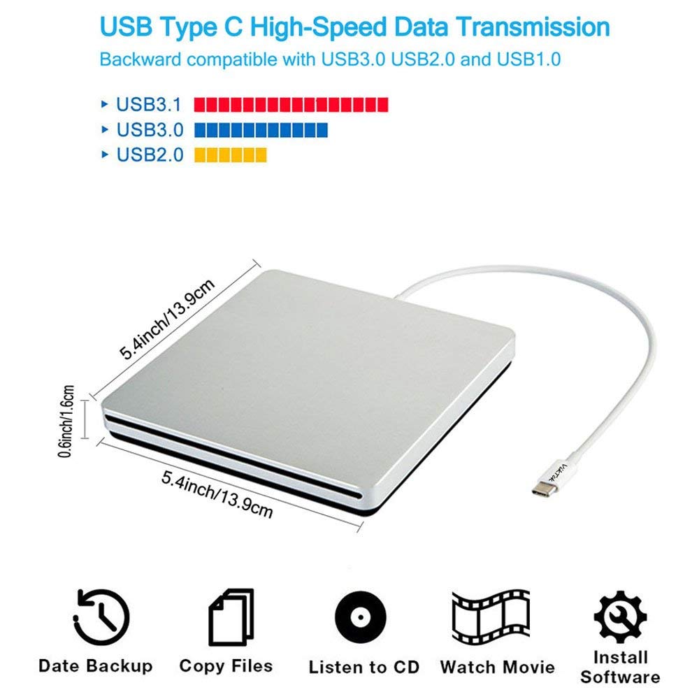 Viktck External Cd Dvd Drive Usb C Ultra Slim Portable Cd Dvd Rw/Rom Burner Writer Player Superdrive For Macbook Pro Air Imac La