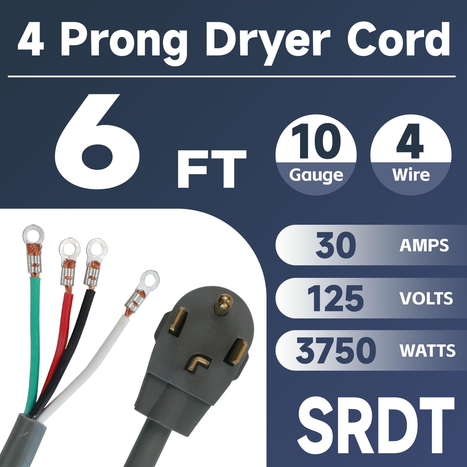 Ep 4 Prong Dryer Cord, 6 Ft 10/4 Srdt, 30Amp Appliance Extension Power Cord, Nema 14 30, Grey