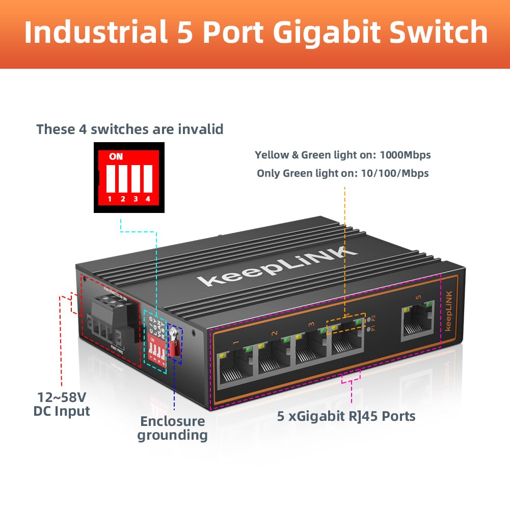Keeplink 5 Port Industrial Gigabit Switch Unmanaged, Ethernet Din Rail Switch, Ip40 Operating Temperature Range Of  30   75C ( 2