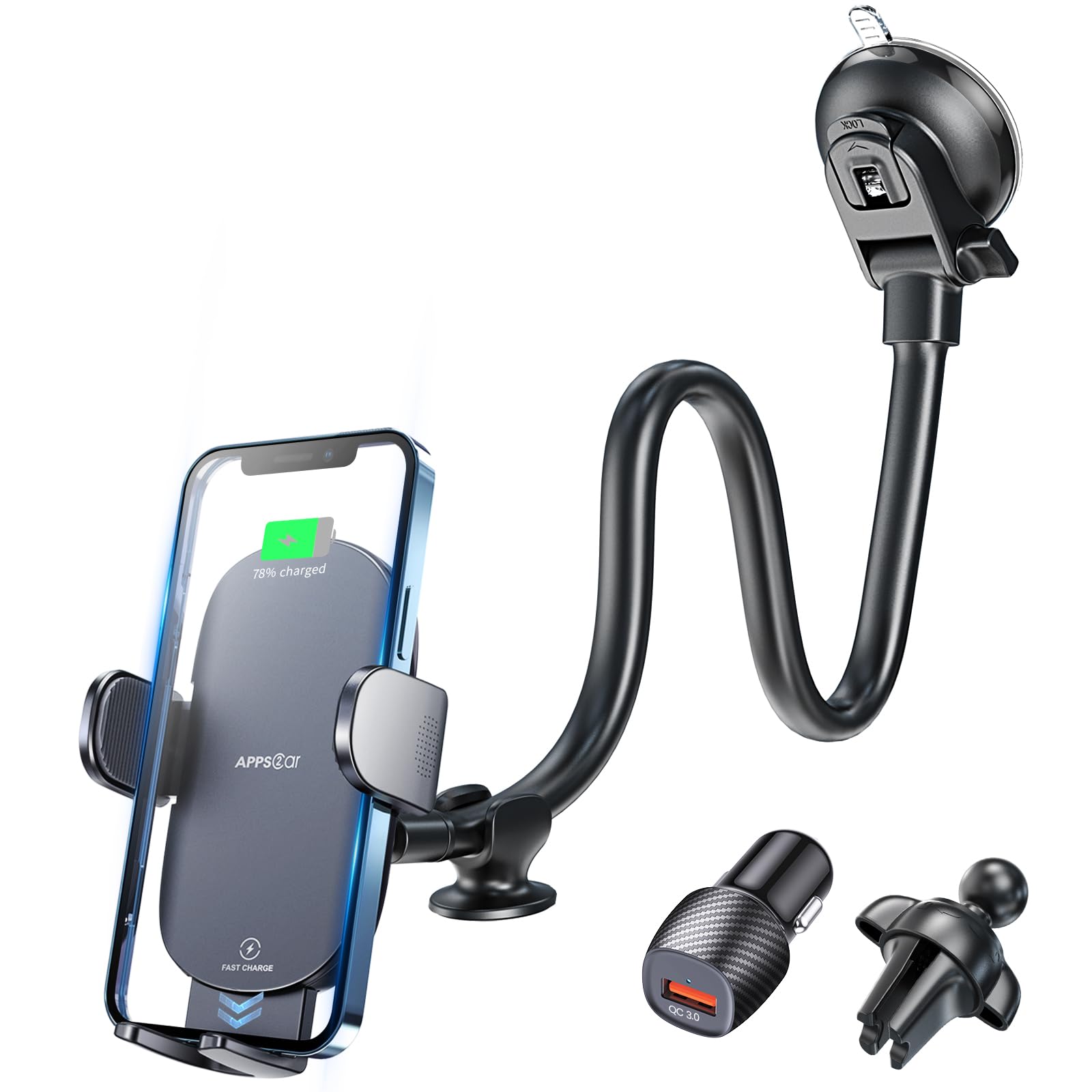 Apps2Car Wireless Car Charger 15W Fast Charging Car Phone Holder Charger Wireless Car Charger Mount For Dashboard Windshield Air