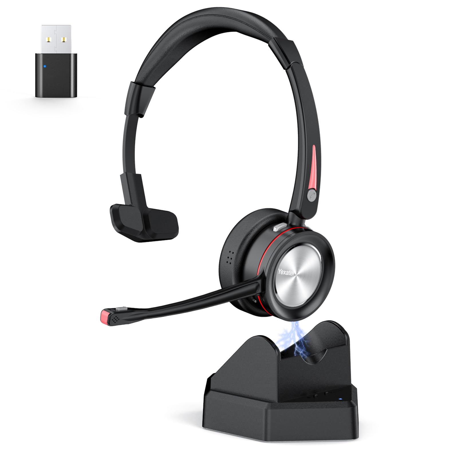 Yexatel Wireless Headset, Bluetooth Headset With Microphone For Pc, Office Computer Headset With Mic Mute Charging Base & Usb Dongle, Work Headset For Teams 3Cx Online Meeting, 30H Talk Time Y890Bt