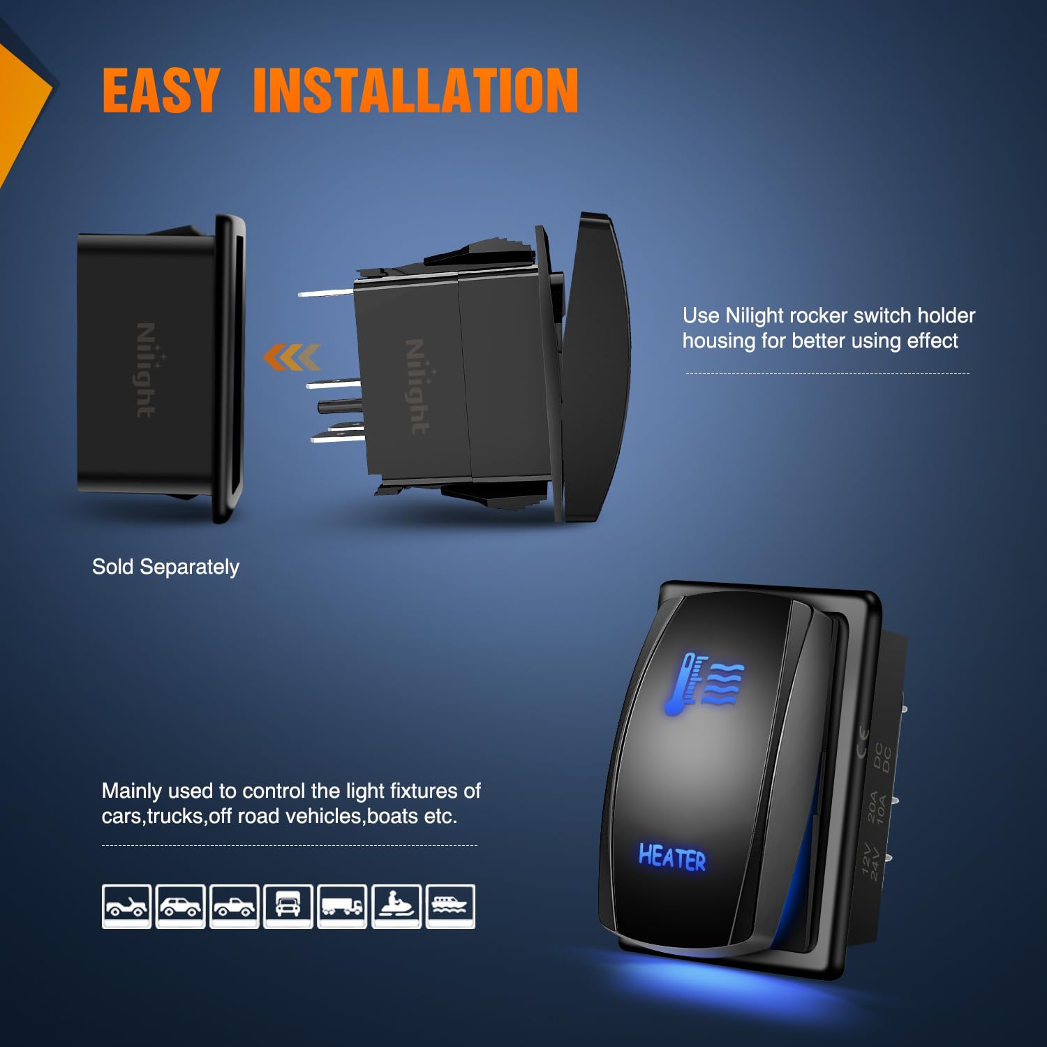 Nilight Heater Rocker Switch Led Light Bar Switch 5 Pin Laser On Off Spst Switches 20A/12V 10A/24V Switch Blue With Jumper Wires