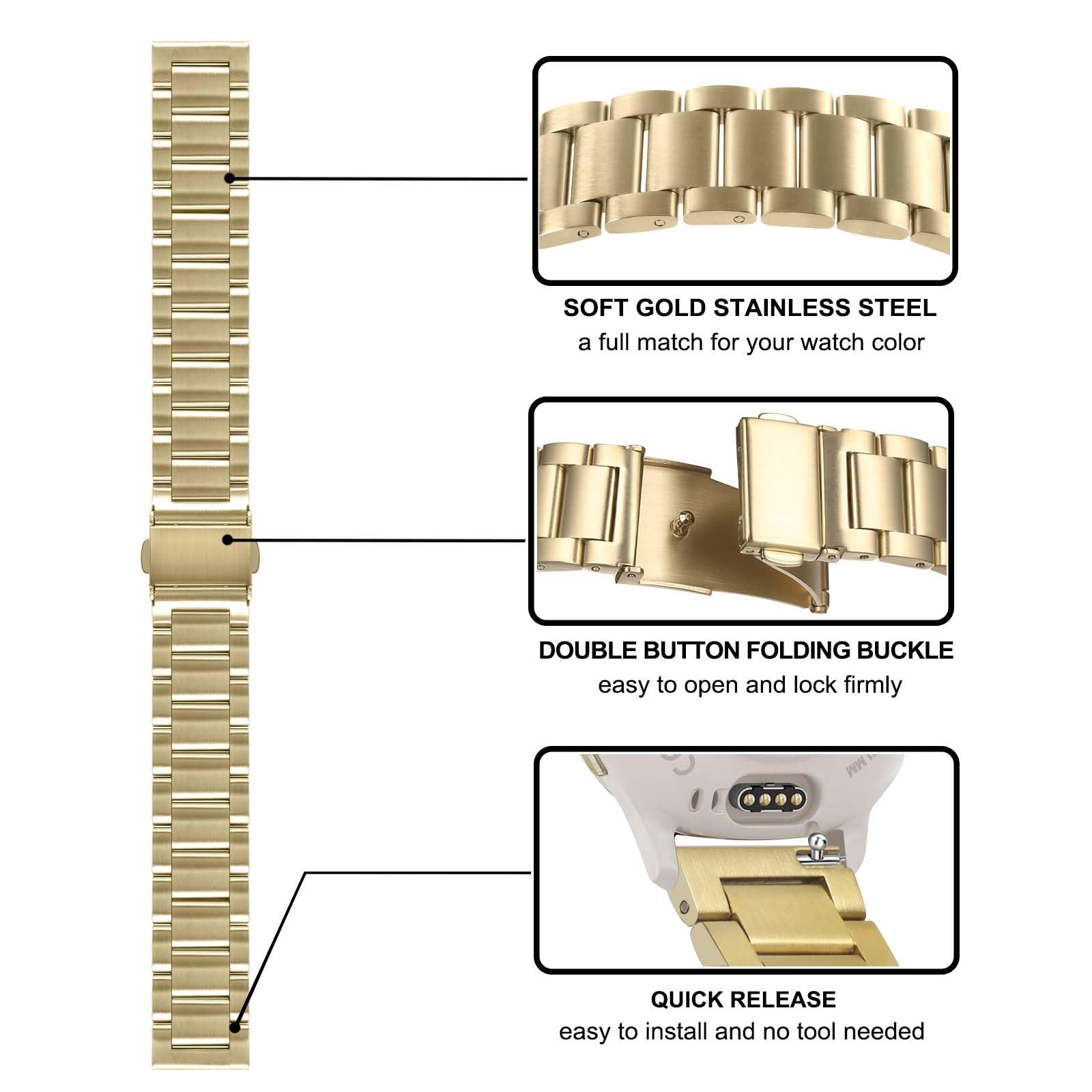 Trumirr Band Sets For Venu 3S (41Mm) Women Smart Watch, Solid Stainless Steel Metal + Mesh Watchband Soft Gold Strap For Garmin