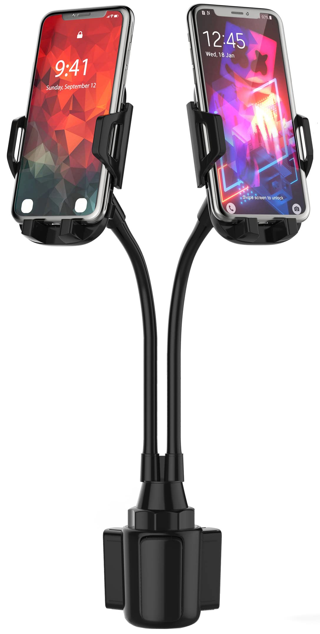 Caviana Double Phone Holder For Car Cup Holder - Extra Long And Flexible Neck, 360 Rotatable Cradle Car Phone Mount - Adjustable