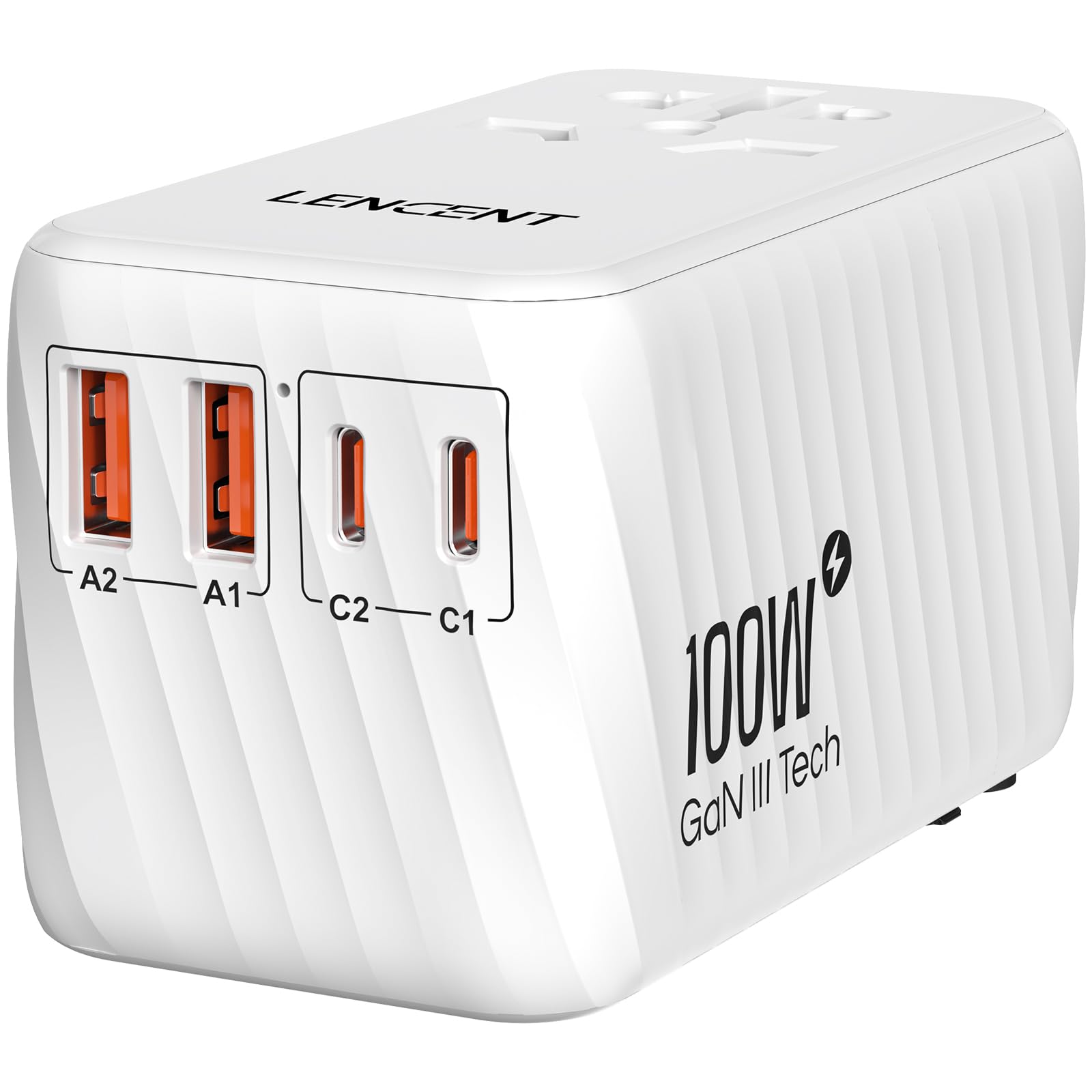 Lencent Universal Travel Adapter, 100W Gan International Fast Charger With 2 Pd3.0 Type C+2 Qc Usb A, Worldwide Power Adaptor Fo
