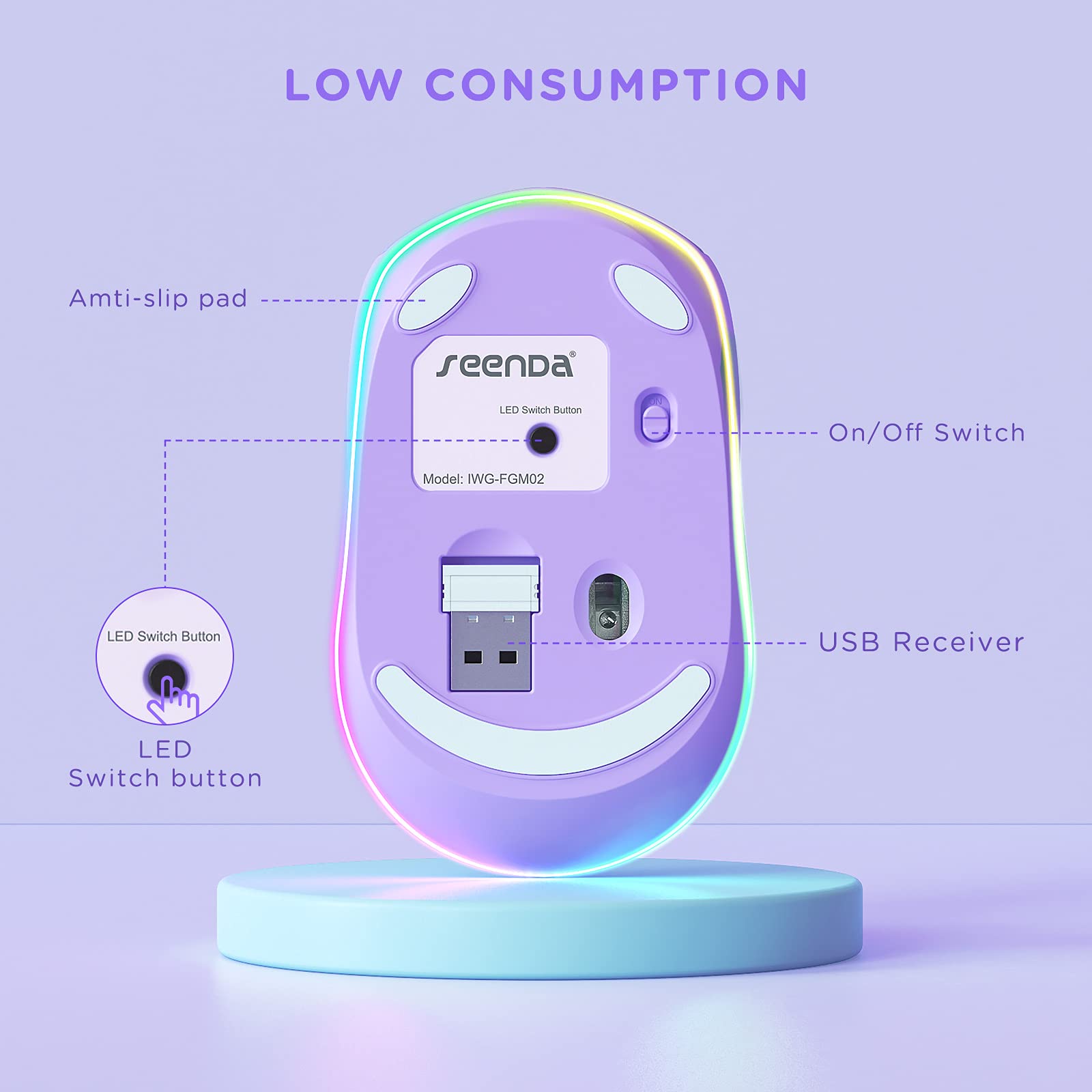 Seenda Wireless Mouse, Rechargeable Light Up Mouse For Laptop, Small Cordless Mice With Quiet Click Led Rainbow Lights For Pc Computer Kids Chromebook Windows Mac, Purple