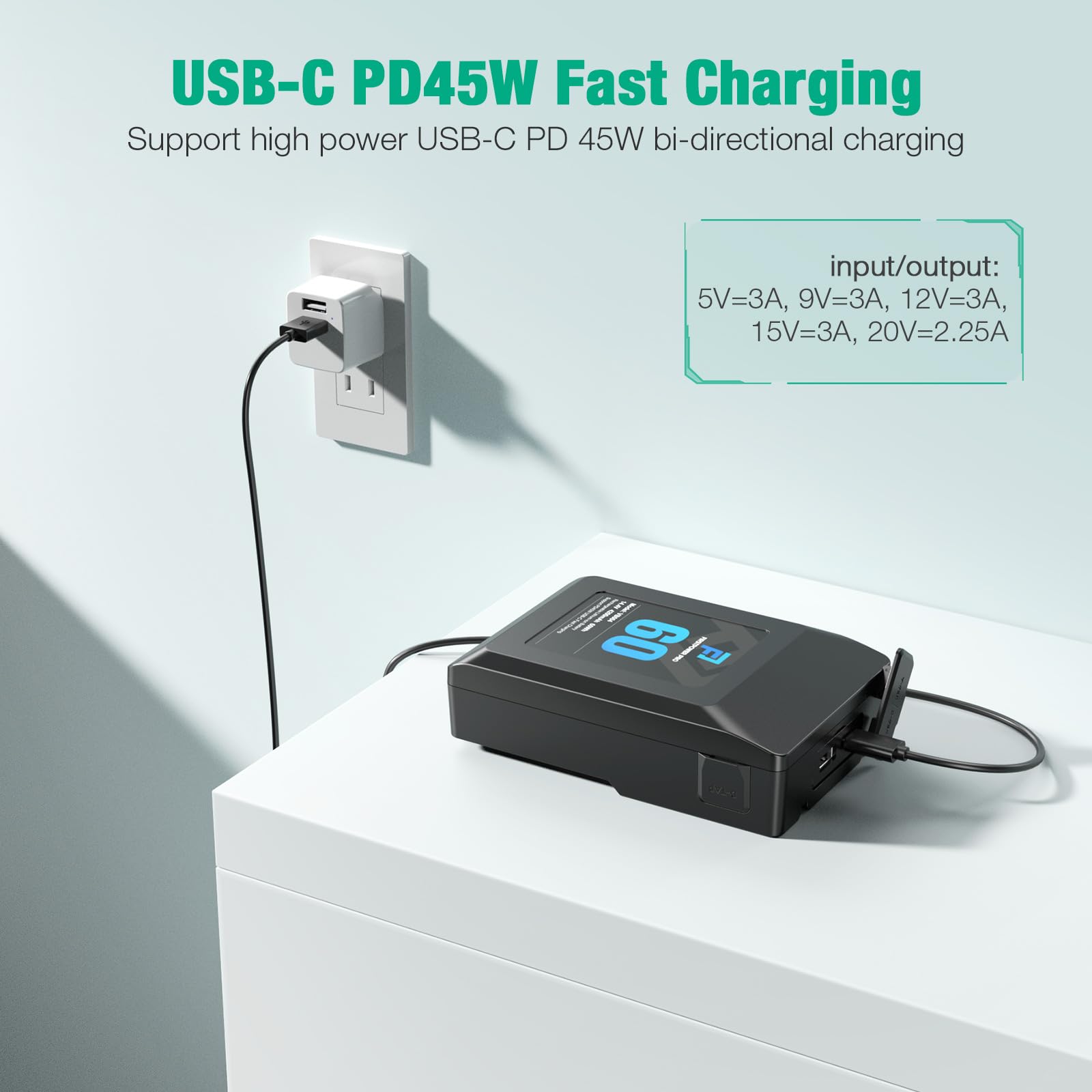 Firstpower V Mount/V Lock Battery, 60Wh(4200Mah, 14.4V) V Mount Battery Support Pd 45W Usb C Fast Charger, With D Tap, Usb A, Us