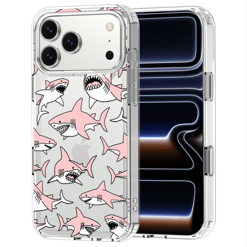 MOSNOVO for iPhone 17 Pro Max Case | Military Grade 6.6ft Drop Tested | Camera Control | Clear with Pink Sharks Design