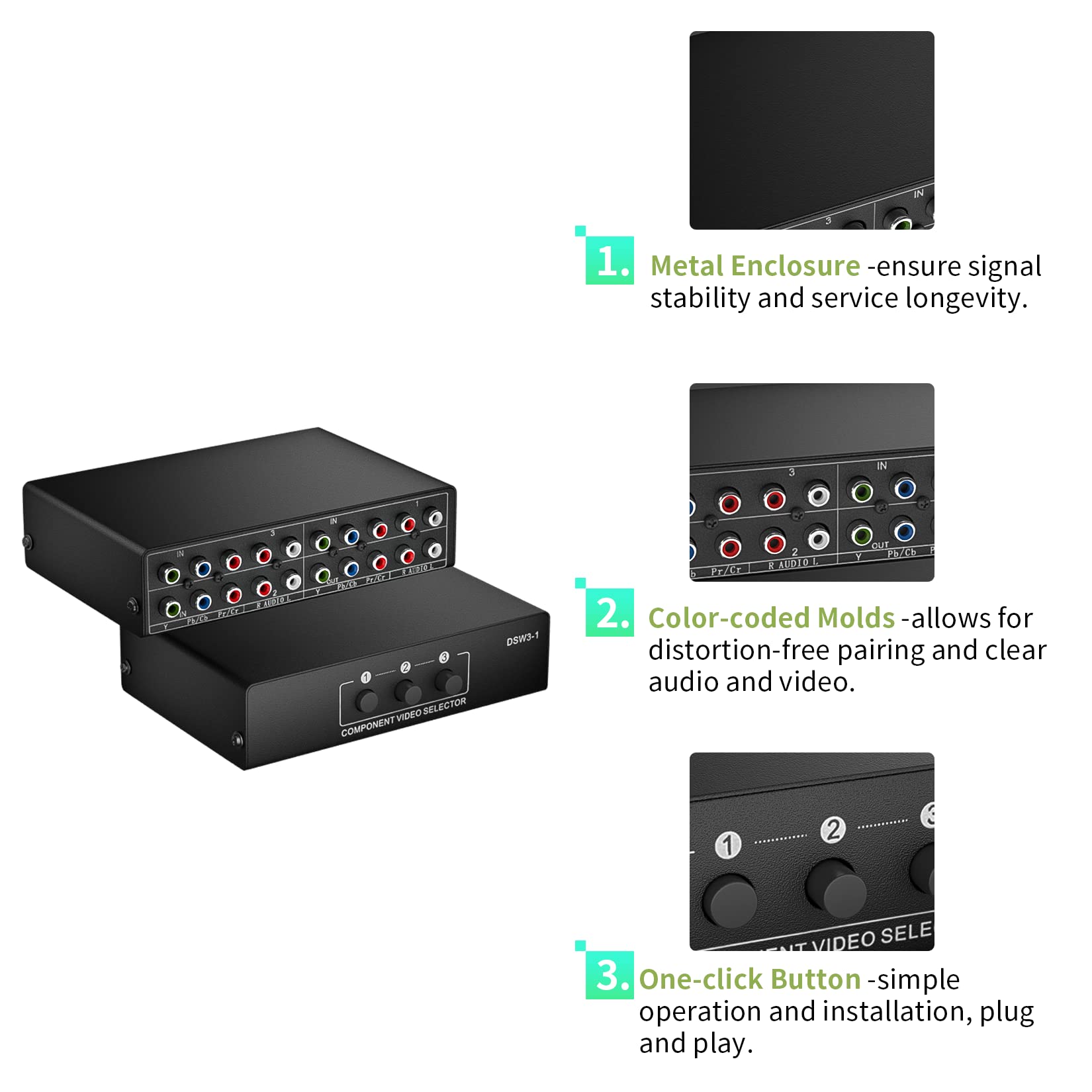Bolaazul Component Av Video Switch Box 3 In 1 Out, 3 Port 5 Rca Ypbpr Cable Rgb Component Av Switcher Selector Converter 3 Way P