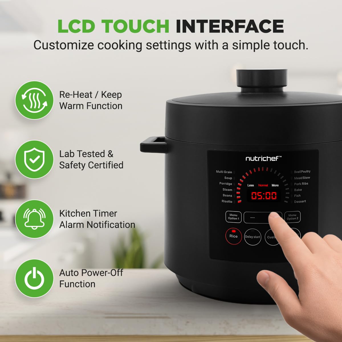 Nutrichef Electric Pressure Cooker 6 Quart Capacity | 9 Function Digital Countertop Pressure Cooker | Adjustable Time & Temperat