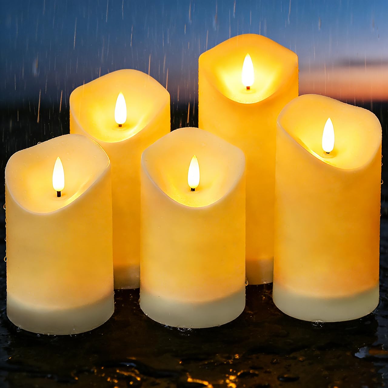 Nimiko Solar Outdoor Waterproof Flameless Candles - 5 Pack Solar & Battery Operated LED Candles, White (D3.25 x 4/5/6 Assorted H