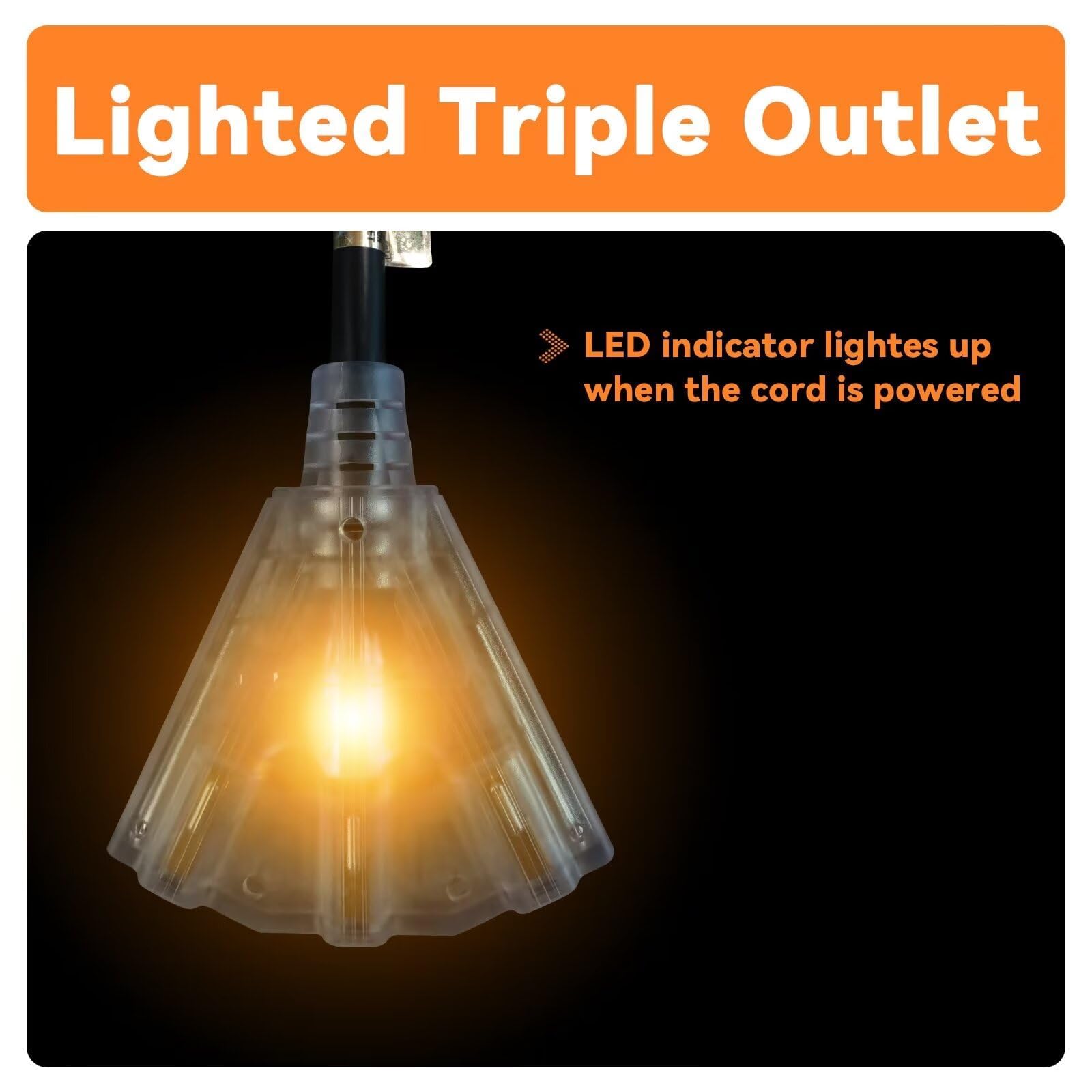 Ep 50 Ft Lighted Outdoor Extension Cord With 3 Electrical Power Outlets   12/3 Sjtw Heavy Duty Black Extension Cable With 3 Pron