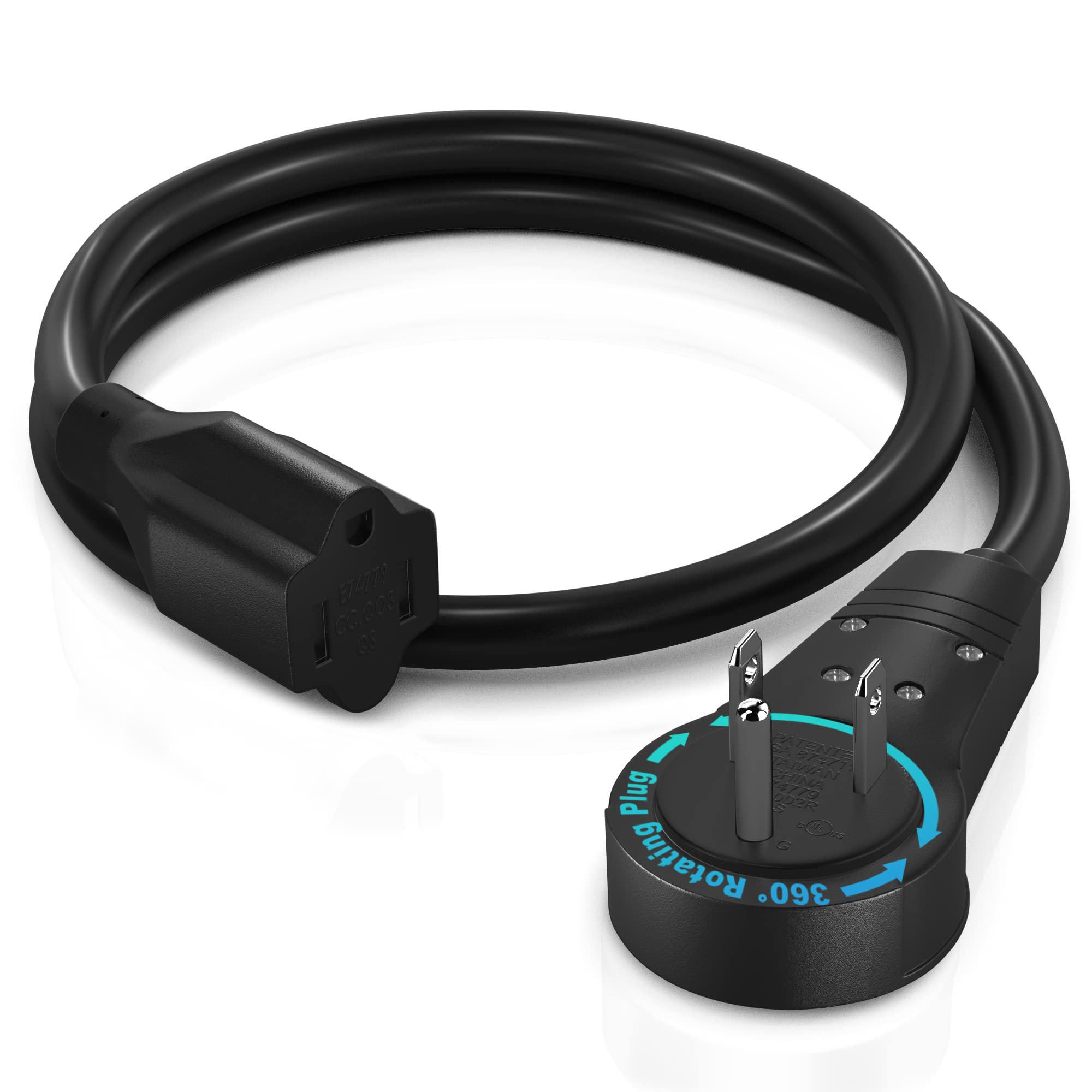 Maximm Cable 2 Feet 360 Rotating Flat Plug Extension Cord/Wire, 3 Prong Grounded Wire 16 Awg Power Cord   Black Ul Certified