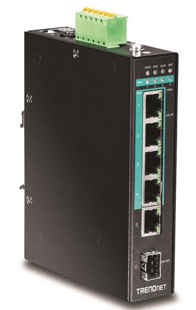 Trendnet 5 Port Hardened Industrial Gigabit Poe+ Din Rail Switch, 120W Power Budget, 1 X Sfp Slot, Ip30 Rated, Unmanaged Switch,