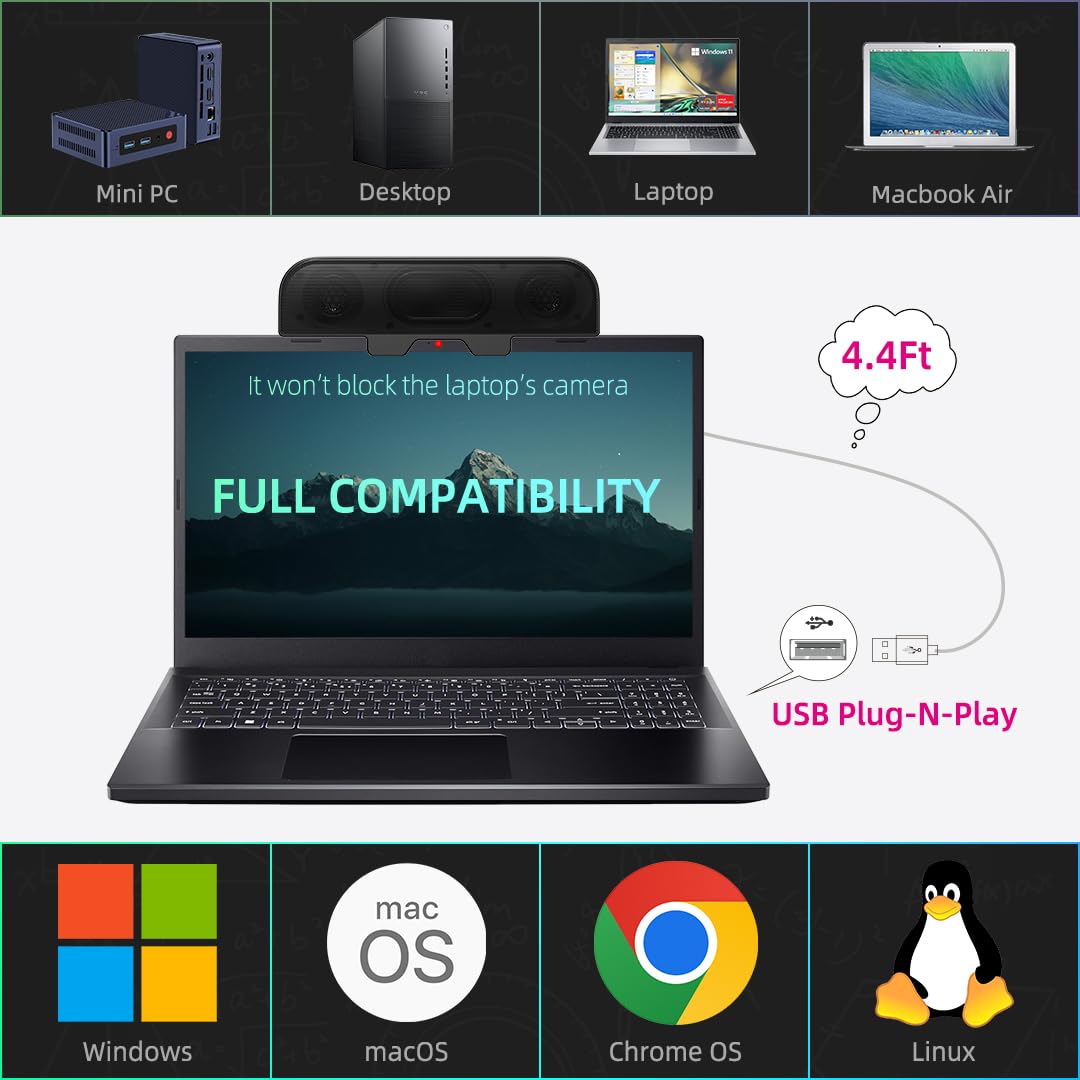 Computer Speakers For Desktop Pc Monitor, Small Computer Soundbar For Pc, Usb Plug In External Speakers For Laptop, Wired Desk S
