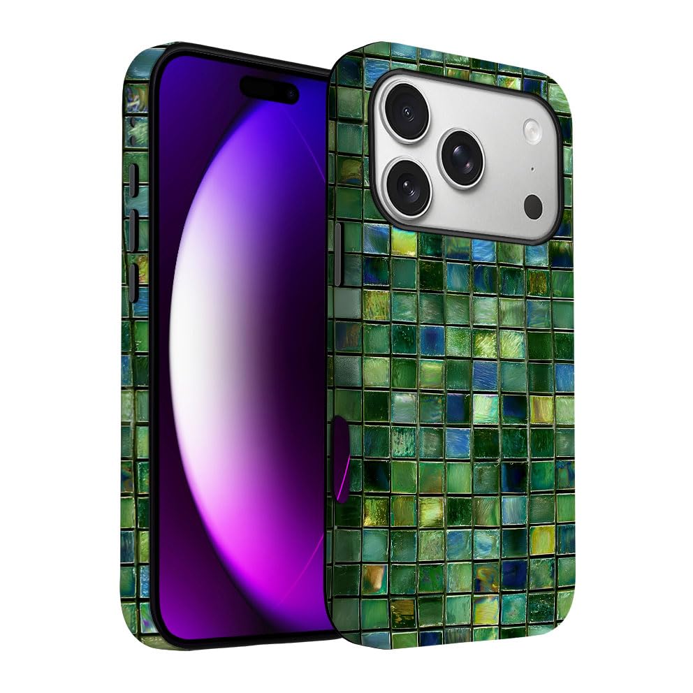 Yuzbira for iPhone 17 Pro Case | Green Mosaic Tiles | Slim Drop Protection Design