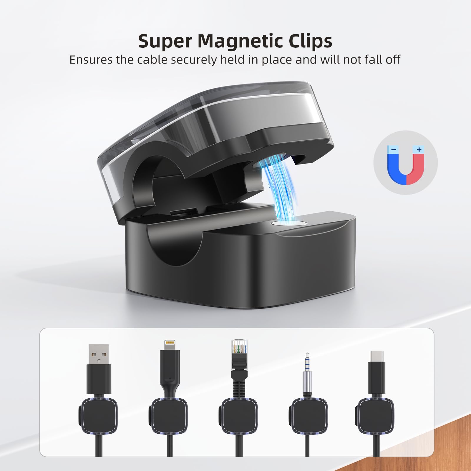 TIKIWIK Magnetic Cord Clips 6 Pack Cable Organizer Holder Plastic Clear Black