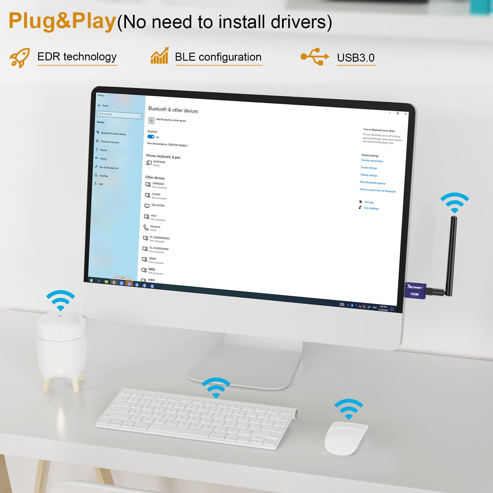 Long Range Bluetooth Adapter For Desktop Pc,Techkey 5.3+Edr V3 Usb Bluetooth Adapter,Class 1 Wireless Bluetooth Dongle Bluetooth Receiver Support Windows11/10/8.1 Powder Blue