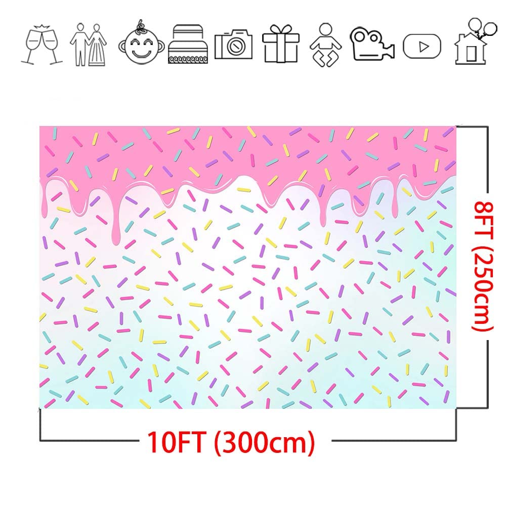 Mocsicka Donut Backdrop - Colorful Confetti Sprinkle Party Decorations, Vinyl, 10x8ft, Pink, Model WCJ-HT-2182