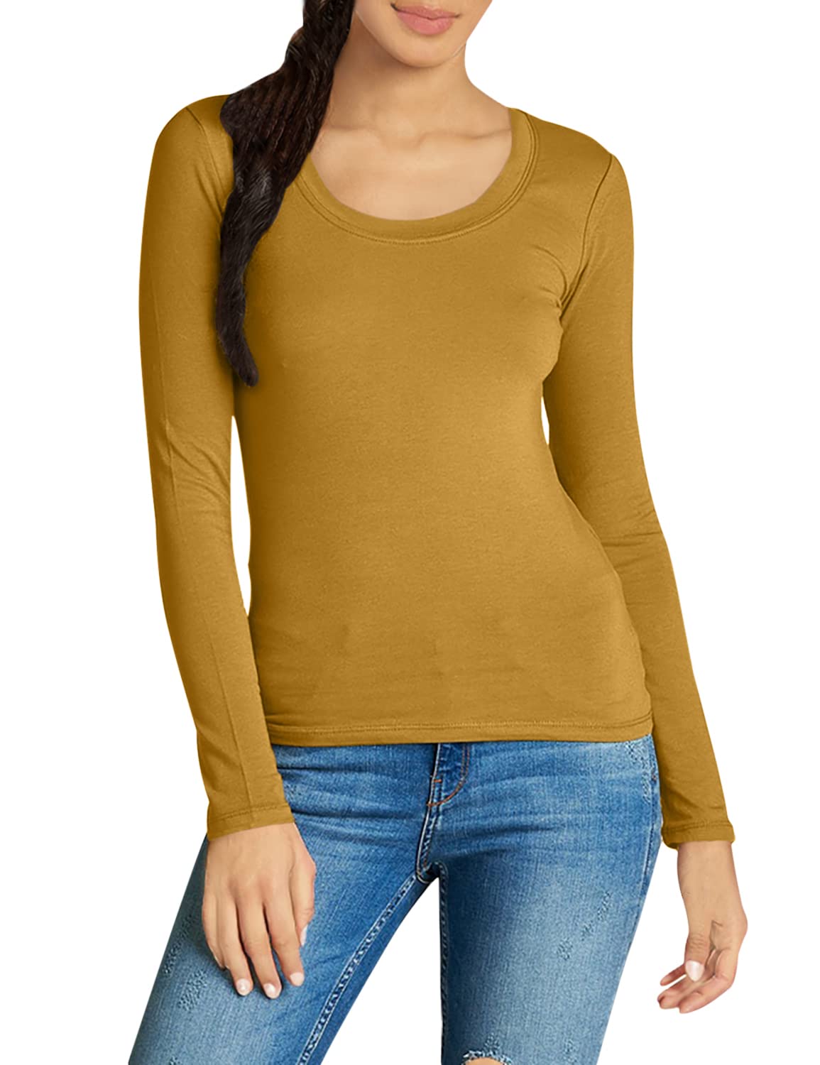 Emmalise Womens Junior And Plus Size Basic Scoop Neck Tshirt Long Sleeve Tee, Small, Mustard